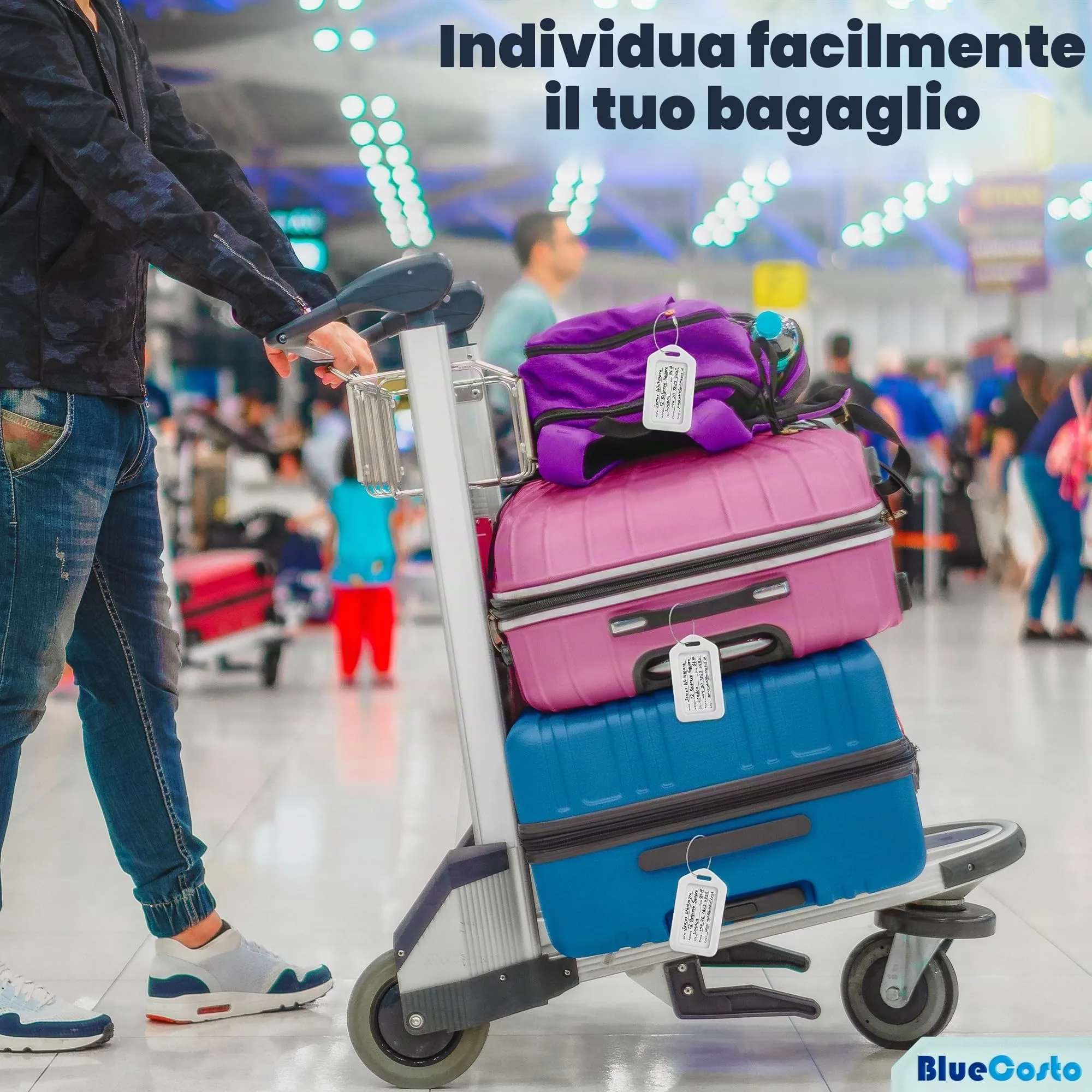 Etichette per Bagagli BlueCosto (Grande, Bianco, 10 Pezzi) - Etichette per Valigie da Viaggio con Scheda di Identificazione del Nome e Anelli in Metallo Resistente - immagine 5