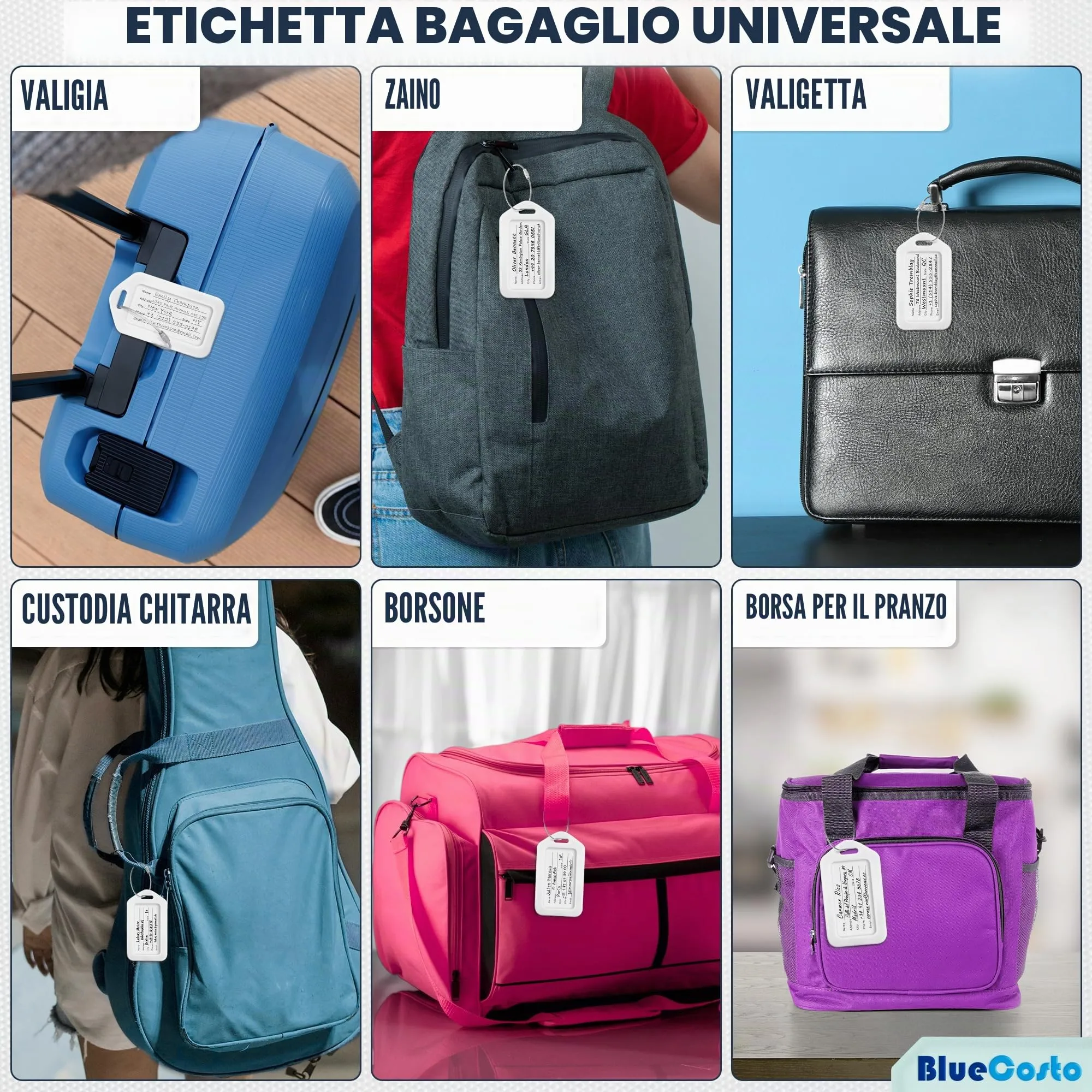 Etichette per Bagagli BlueCosto (Grande, Bianco, 10 Pezzi) - Etichette per Valigie da Viaggio con Scheda di Identificazione del Nome e Anelli in Metallo Resistente - immagine 6