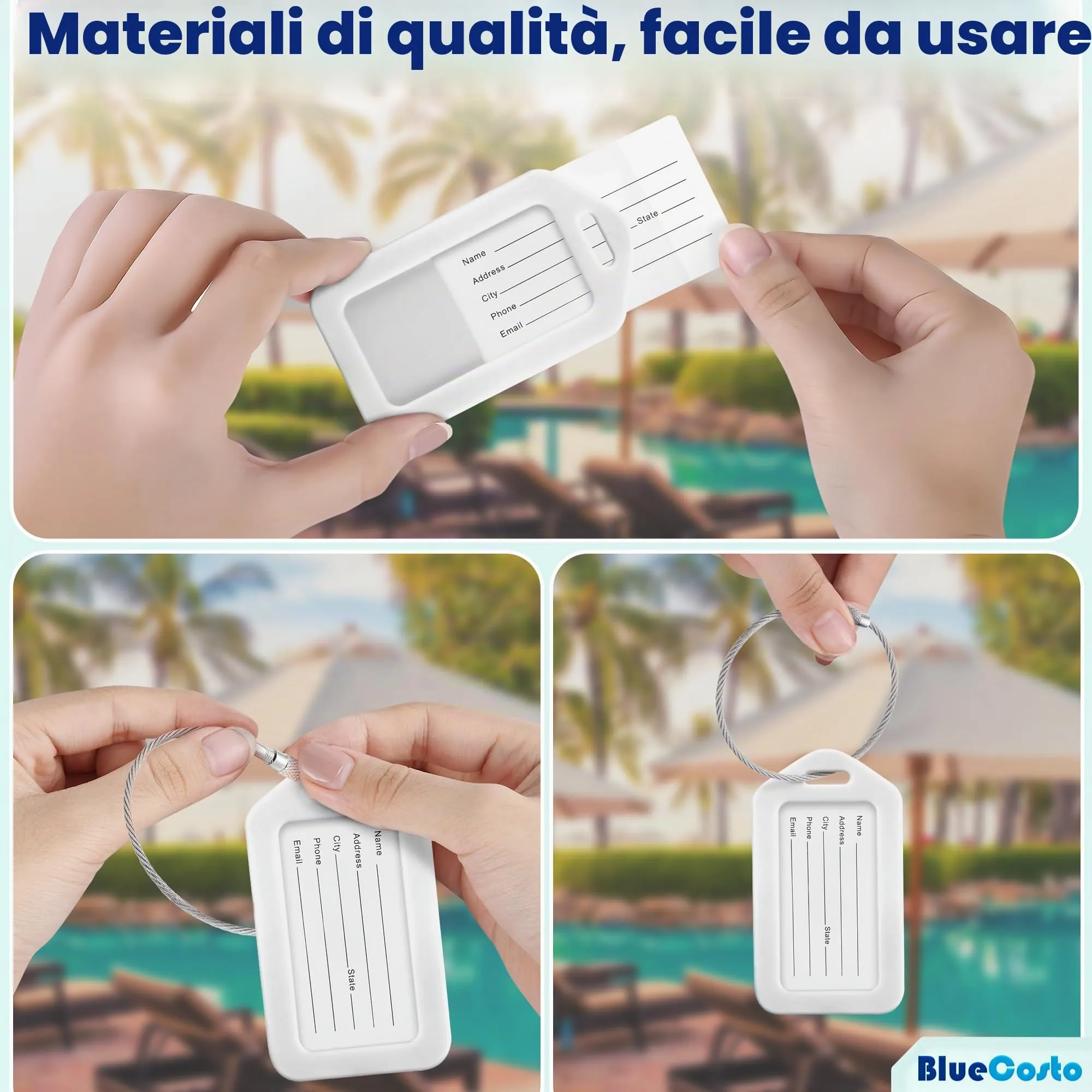 Etichette per Bagagli BlueCosto (Grande, Bianco, 10 Pezzi) - Etichette per Valigie da Viaggio con Scheda di Identificazione del Nome e Anelli in Metallo Resistente - immagine 7