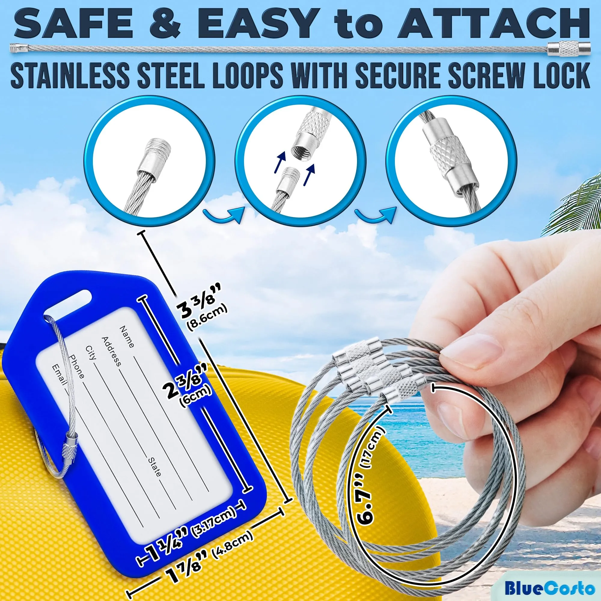 Etichette per Bagagli BlueCosto (Grande, Blu, 10 Pezzi) - Etichette per Valigie da Viaggio con Scheda di Identificazione del Nome e Anelli in Metallo Resistente - immagine 2