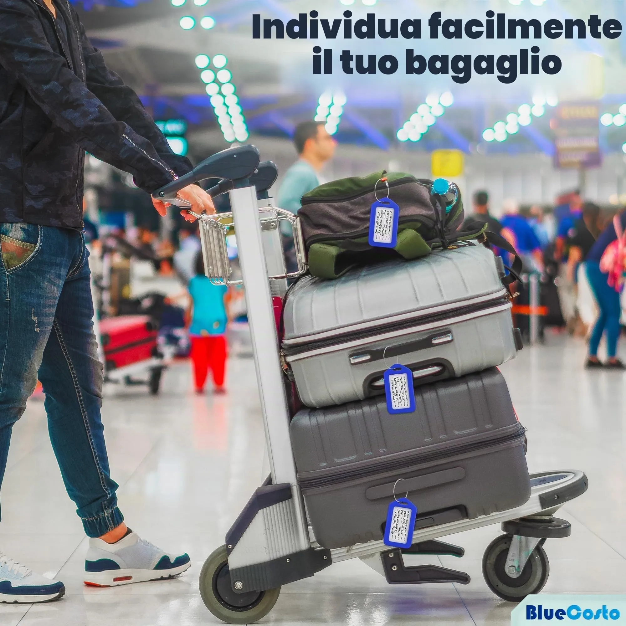 Etichette per Bagagli BlueCosto (Grande, Blu, 10 Pezzi) - Etichette per Valigie da Viaggio con Scheda di Identificazione del Nome e Anelli in Metallo Resistente - immagine 5