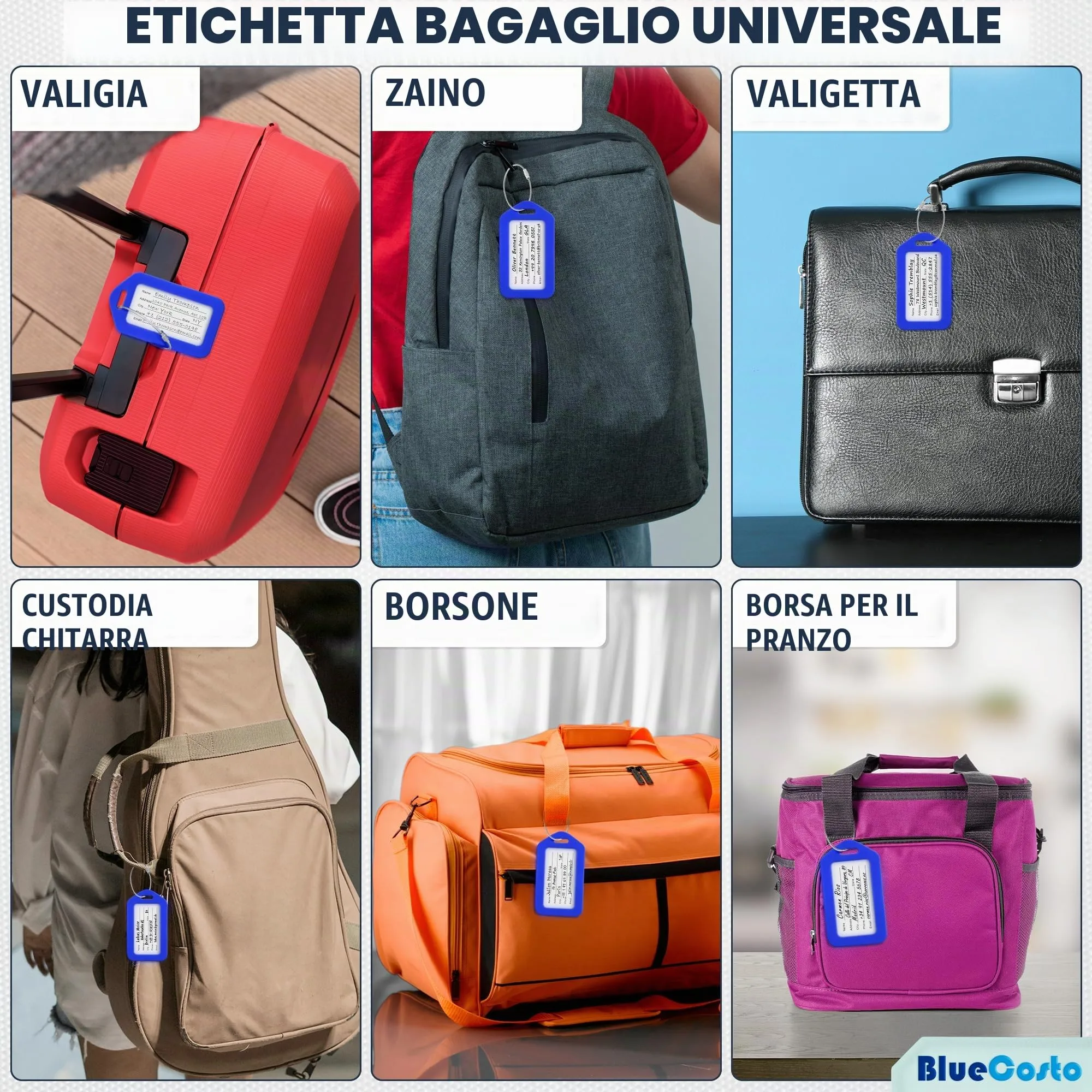 Etichette per Bagagli BlueCosto (Grande, Blu, 10 Pezzi) - Etichette per Valigie da Viaggio con Scheda di Identificazione del Nome e Anelli in Metallo Resistente - immagine 6