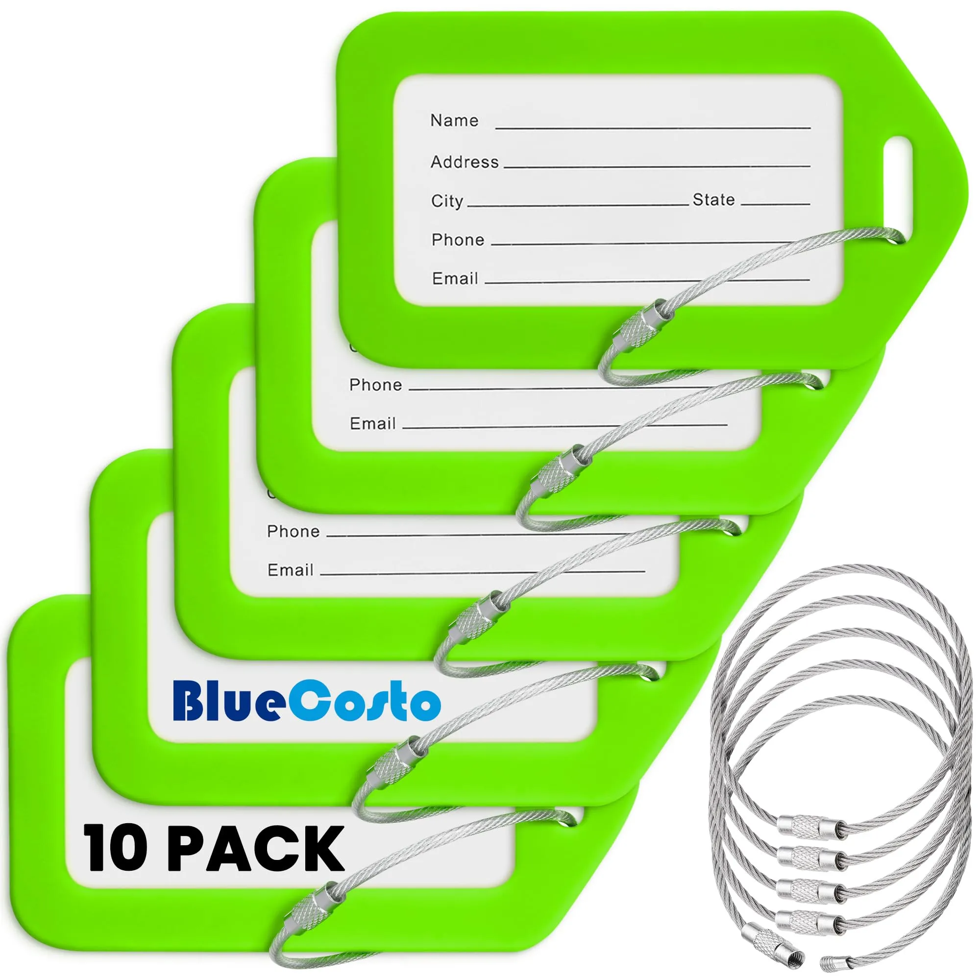 Etichette per Bagagli BlueCosto (Grande, Verde, 10 Pezzi) - Etichette per Valigie da Viaggio con Scheda di Identificazione del Nome e Anelli in Metallo Resistente - immagine 1