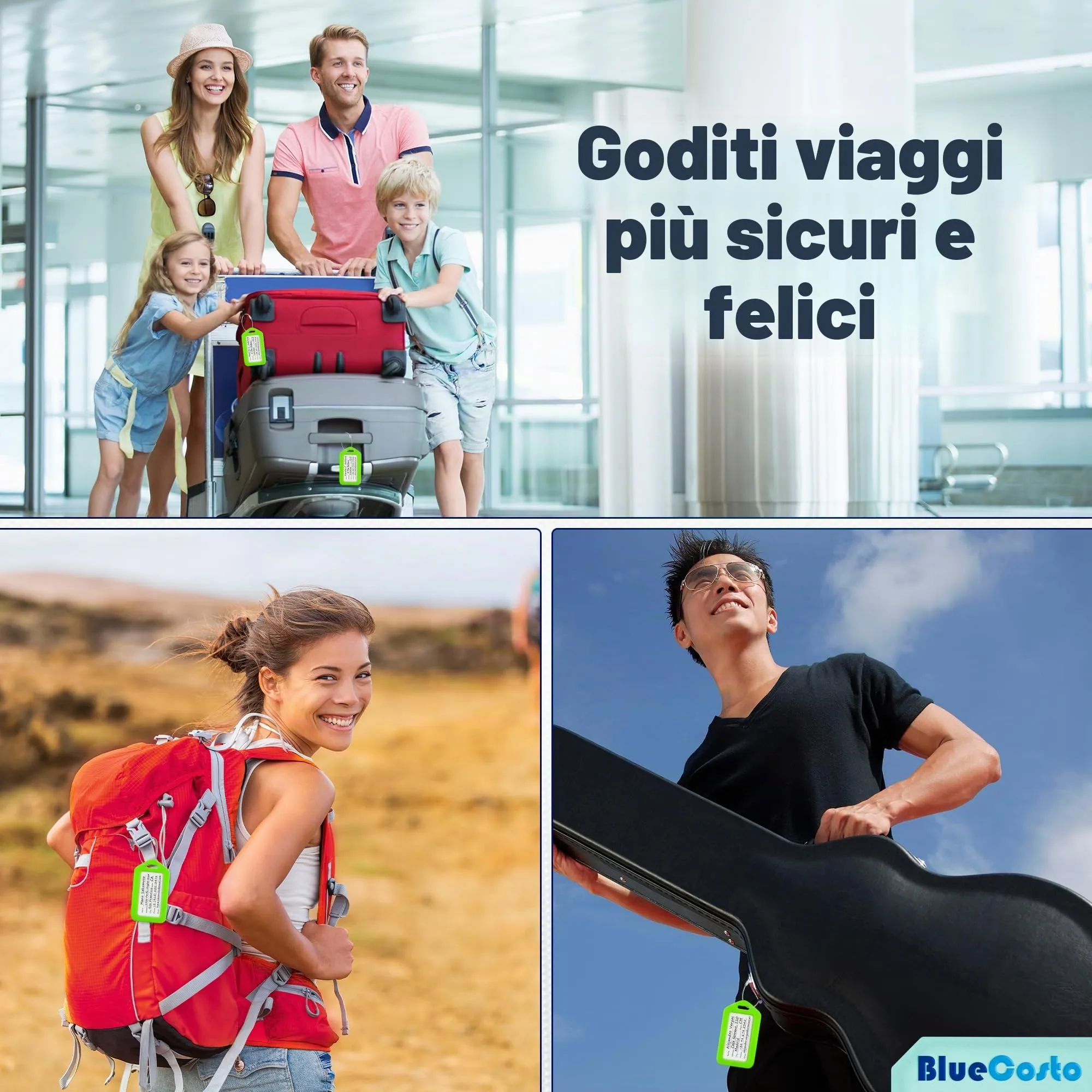 Etichette per Bagagli BlueCosto (Grande, Verde, 10 Pezzi) - Etichette per Valigie da Viaggio con Scheda di Identificazione del Nome e Anelli in Metallo Resistente - immagine 4