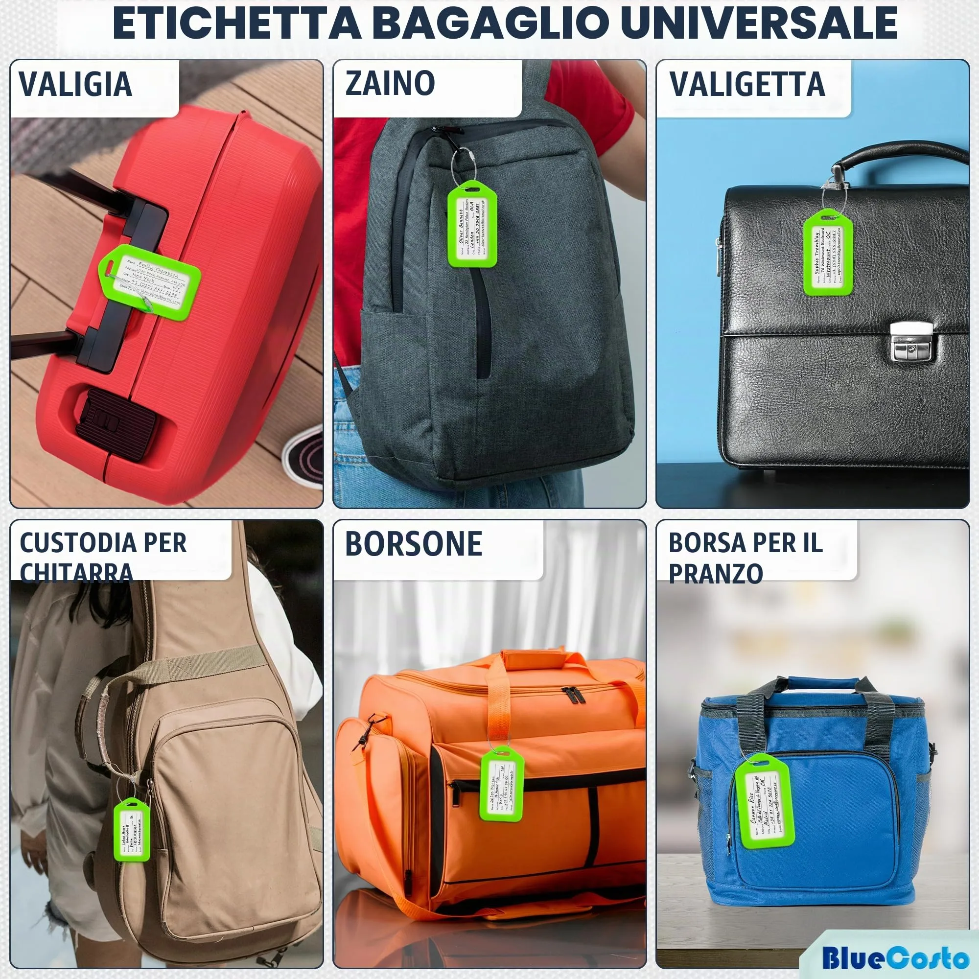 Etichette per Bagagli BlueCosto (Grande, Verde, 10 Pezzi) - Etichette per Valigie da Viaggio con Scheda di Identificazione del Nome e Anelli in Metallo Resistente - immagine 6