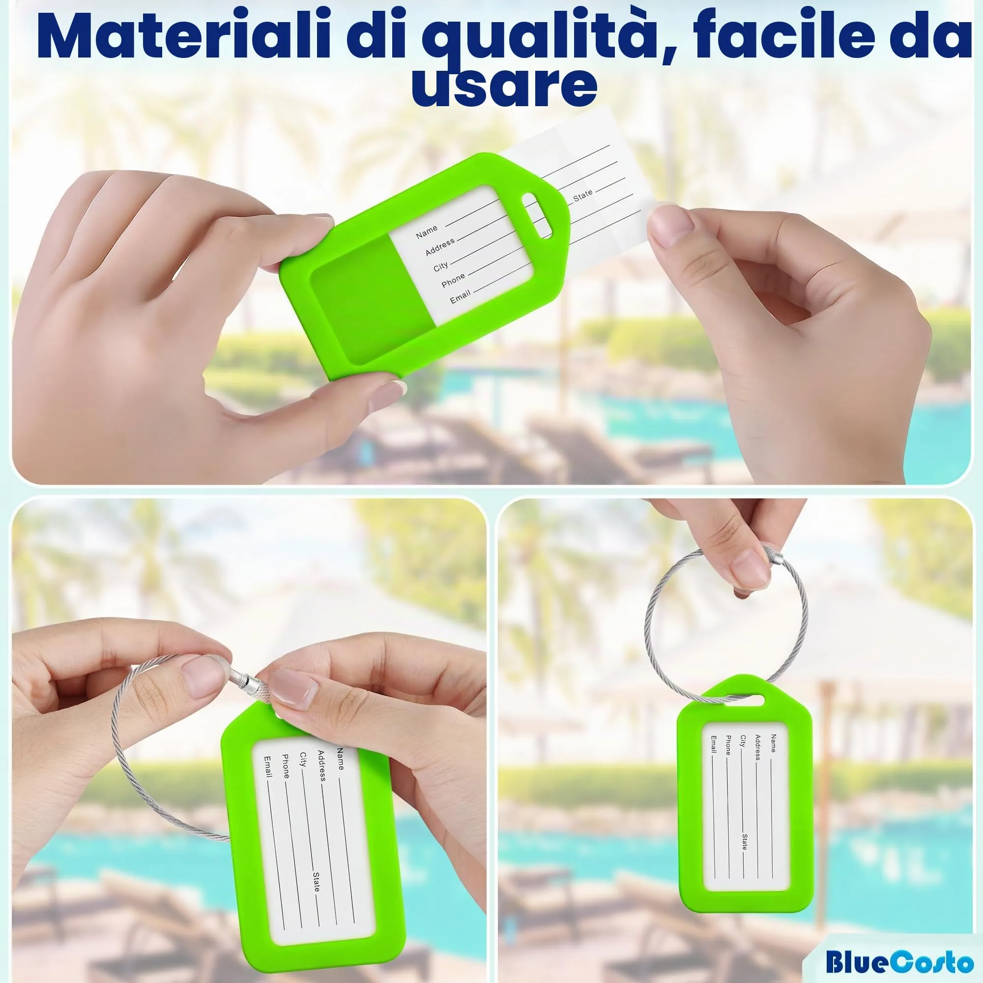 Etichette per Bagagli BlueCosto (Grande, Verde, 10 Pezzi) - Etichette per Valigie da Viaggio con Scheda di Identificazione del Nome e Anelli in Metallo Resistente - immagine 7