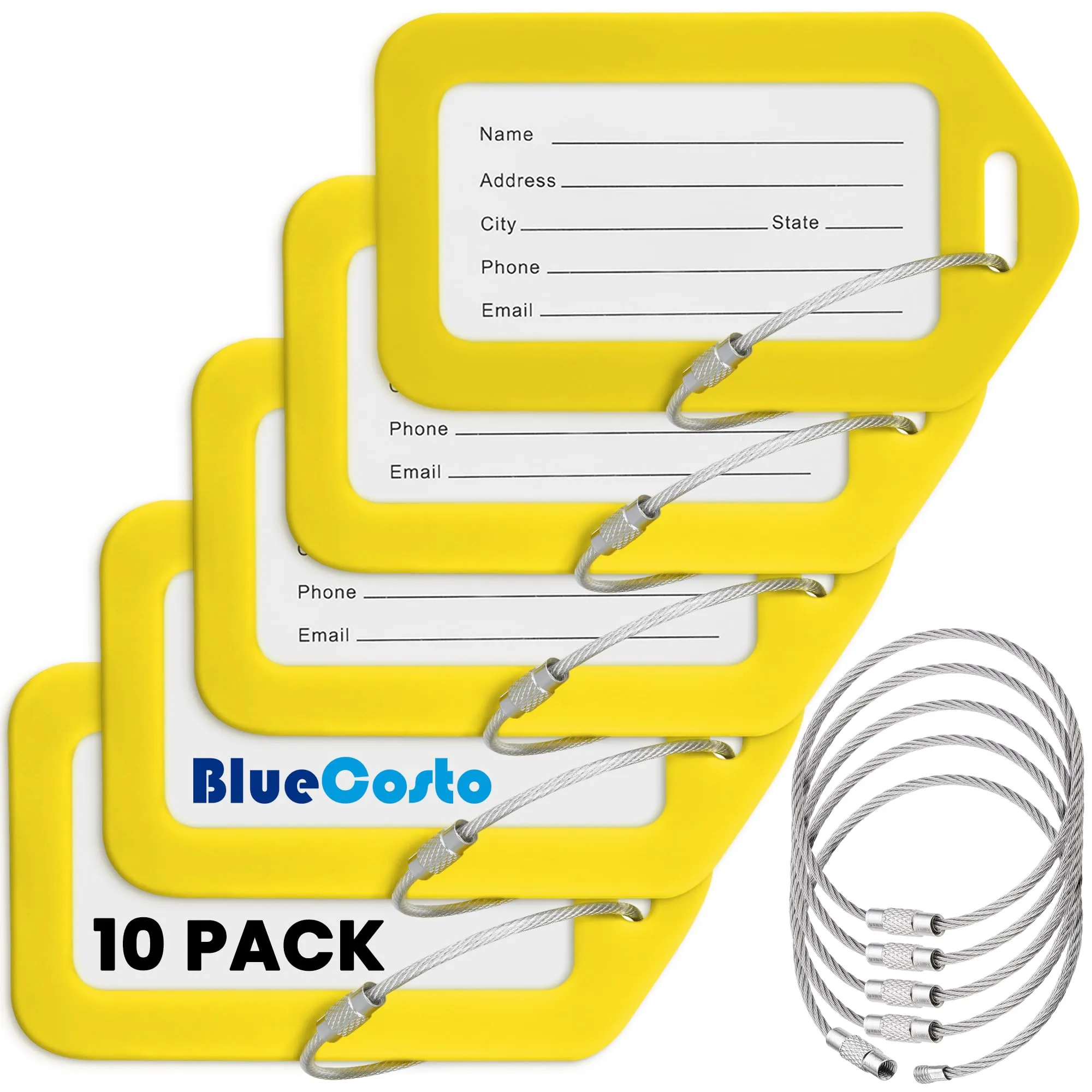 Etichette per Bagagli BlueCosto (Grande, Giallo, 10 Pezzi) - Etichette per Valigie da Viaggio con Scheda di Identificazione del Nome e Anelli in Metallo Resistente - immagine 1