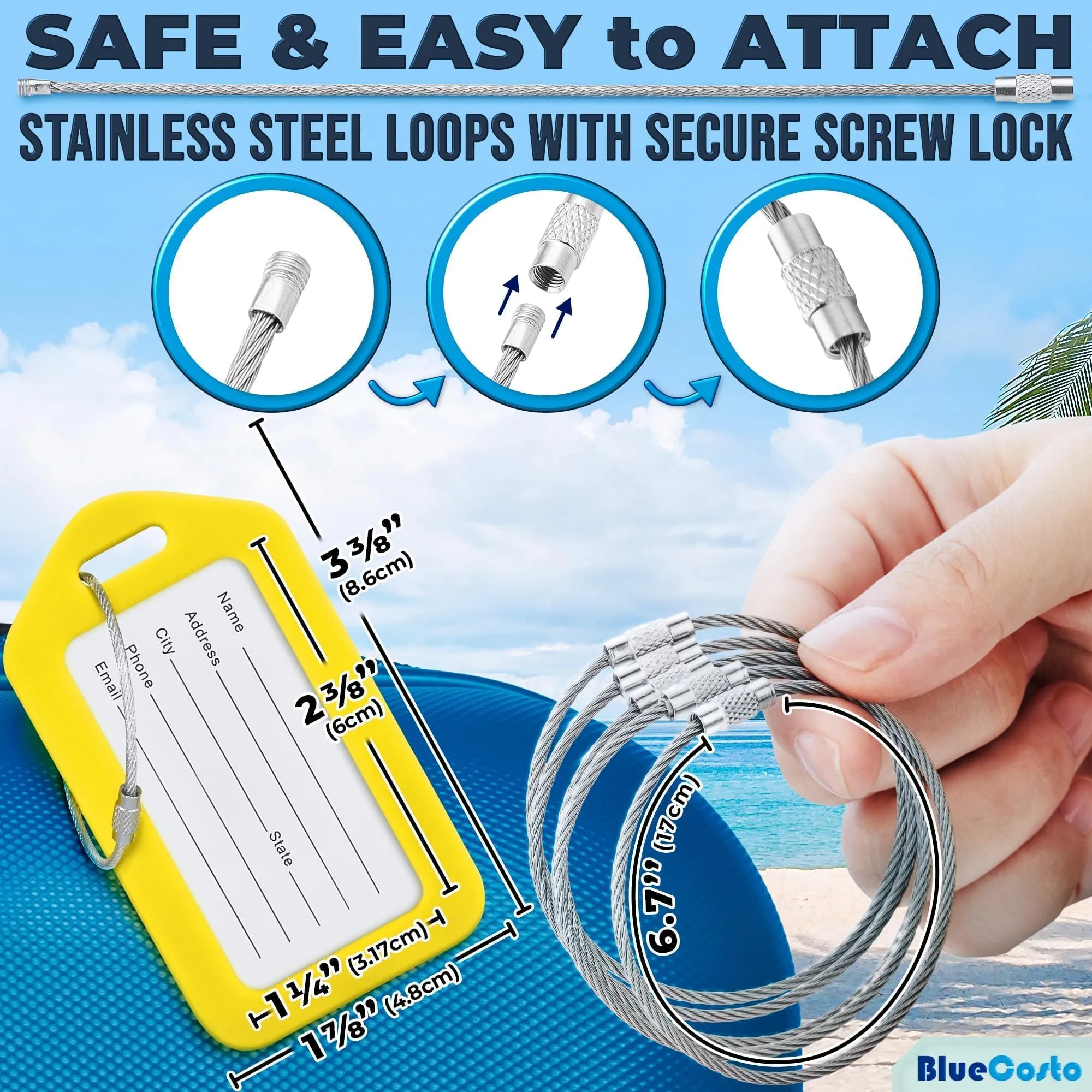 Etichette per Bagagli BlueCosto (Grande, Giallo, 10 Pezzi) - Etichette per Valigie da Viaggio con Scheda di Identificazione del Nome e Anelli in Metallo Resistente - immagine 2