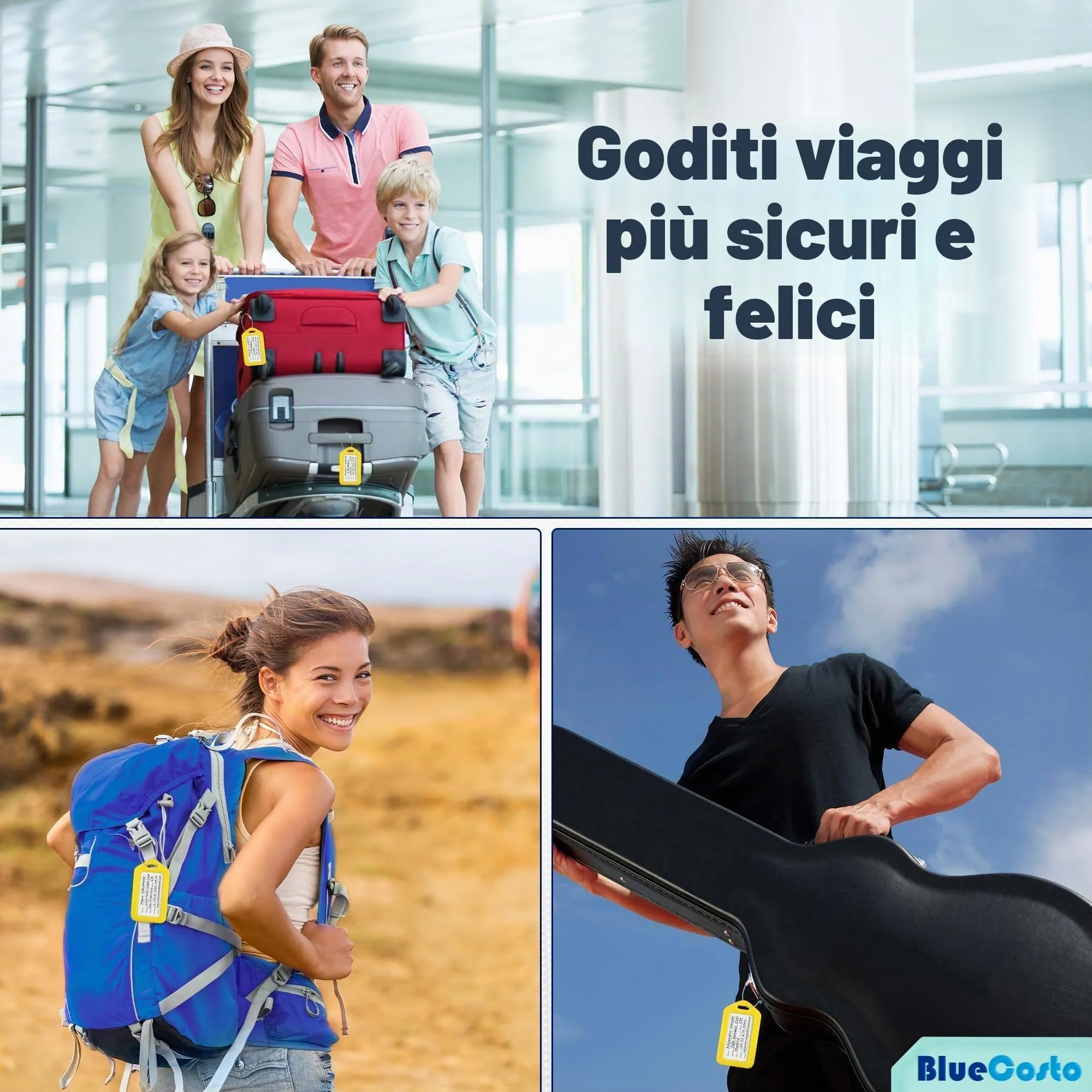 Etichette per Bagagli BlueCosto (Grande, Giallo, 10 Pezzi) - Etichette per Valigie da Viaggio con Scheda di Identificazione del Nome e Anelli in Metallo Resistente - immagine 4