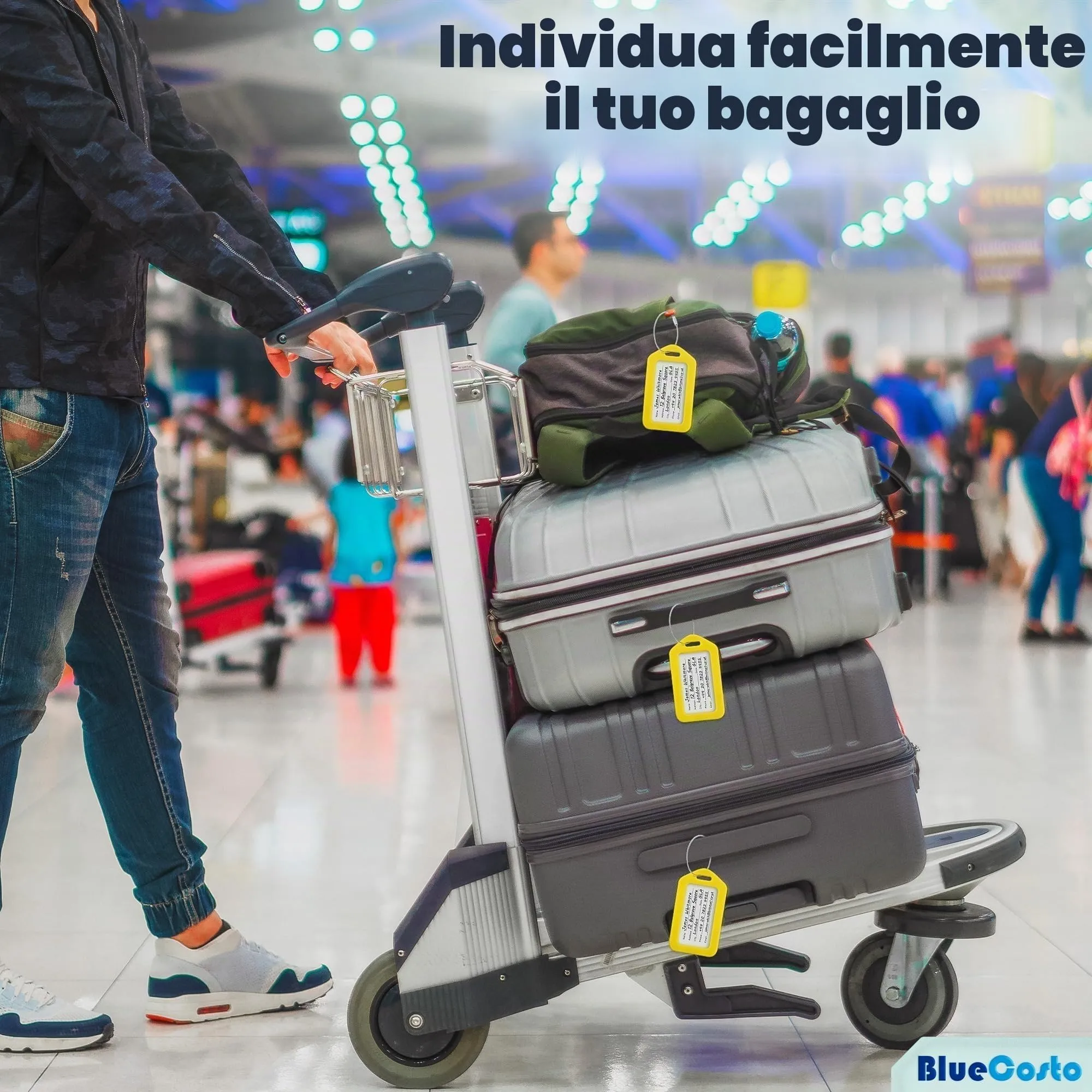 Etichette per Bagagli BlueCosto (Grande, Giallo, 10 Pezzi) - Etichette per Valigie da Viaggio con Scheda di Identificazione del Nome e Anelli in Metallo Resistente - immagine 5
