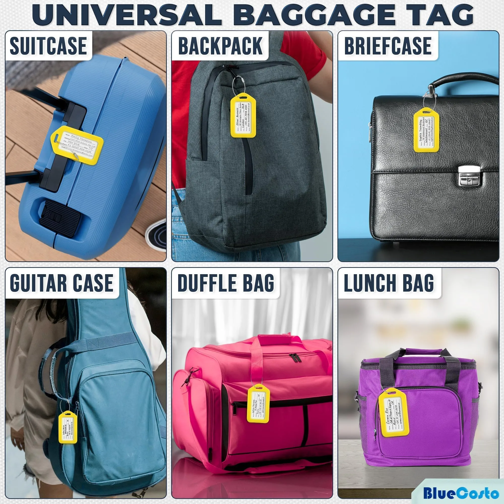 Etichette per Bagagli BlueCosto (Grande, Giallo, 10 Pezzi) - Etichette per Valigie da Viaggio con Scheda di Identificazione del Nome e Anelli in Metallo Resistente - immagine 6
