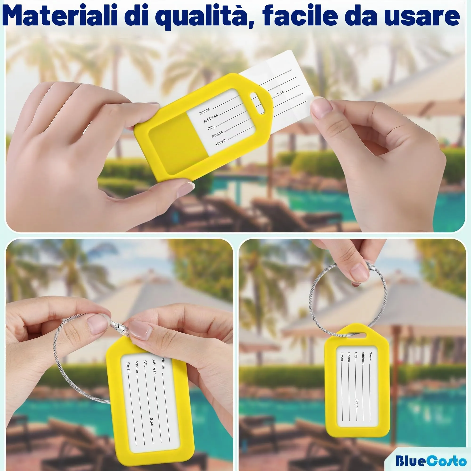 Etichette per Bagagli BlueCosto (Grande, Giallo, 10 Pezzi) - Etichette per Valigie da Viaggio con Scheda di Identificazione del Nome e Anelli in Metallo Resistente - immagine 7
