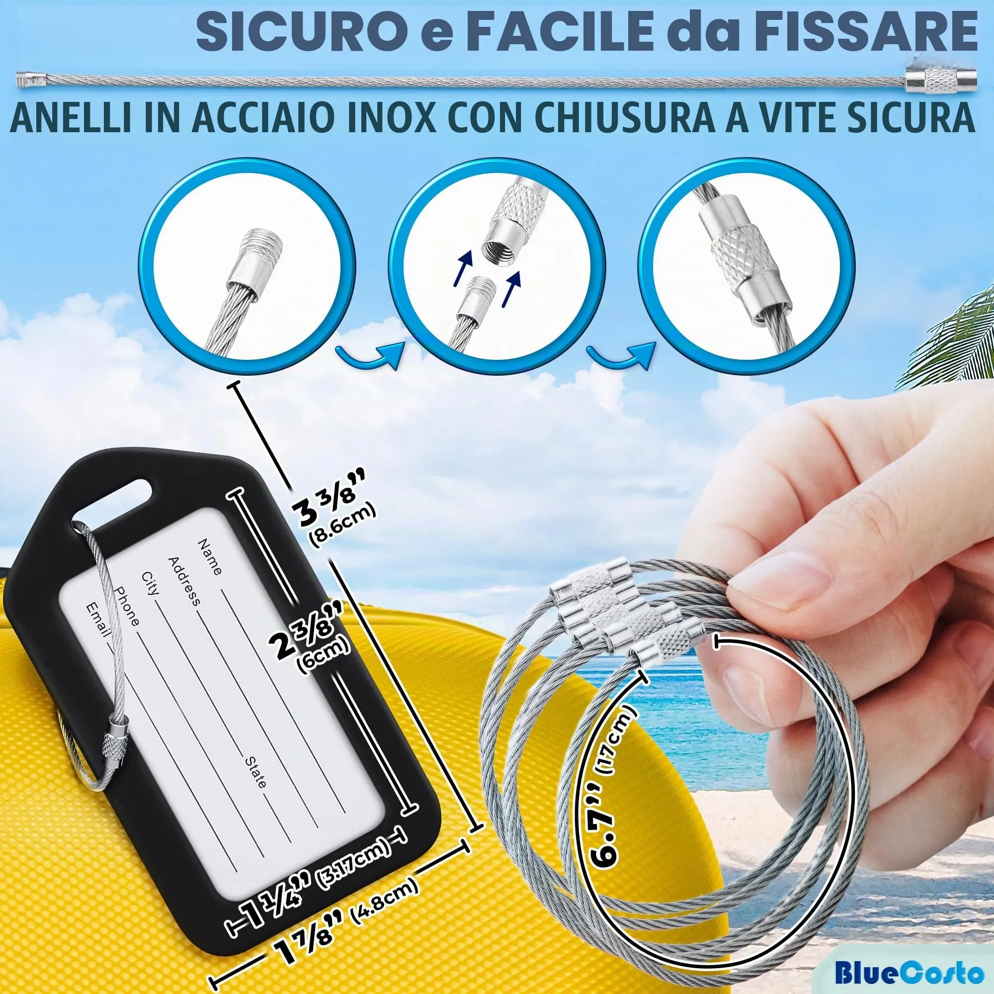 Etichette per Bagagli BlueCosto (Grande, Nero, 10 Pezzi) - Etichette per Valigie da Viaggio con Scheda di Identificazione del Nome e Anelli in Metallo Resistente - immagine 2