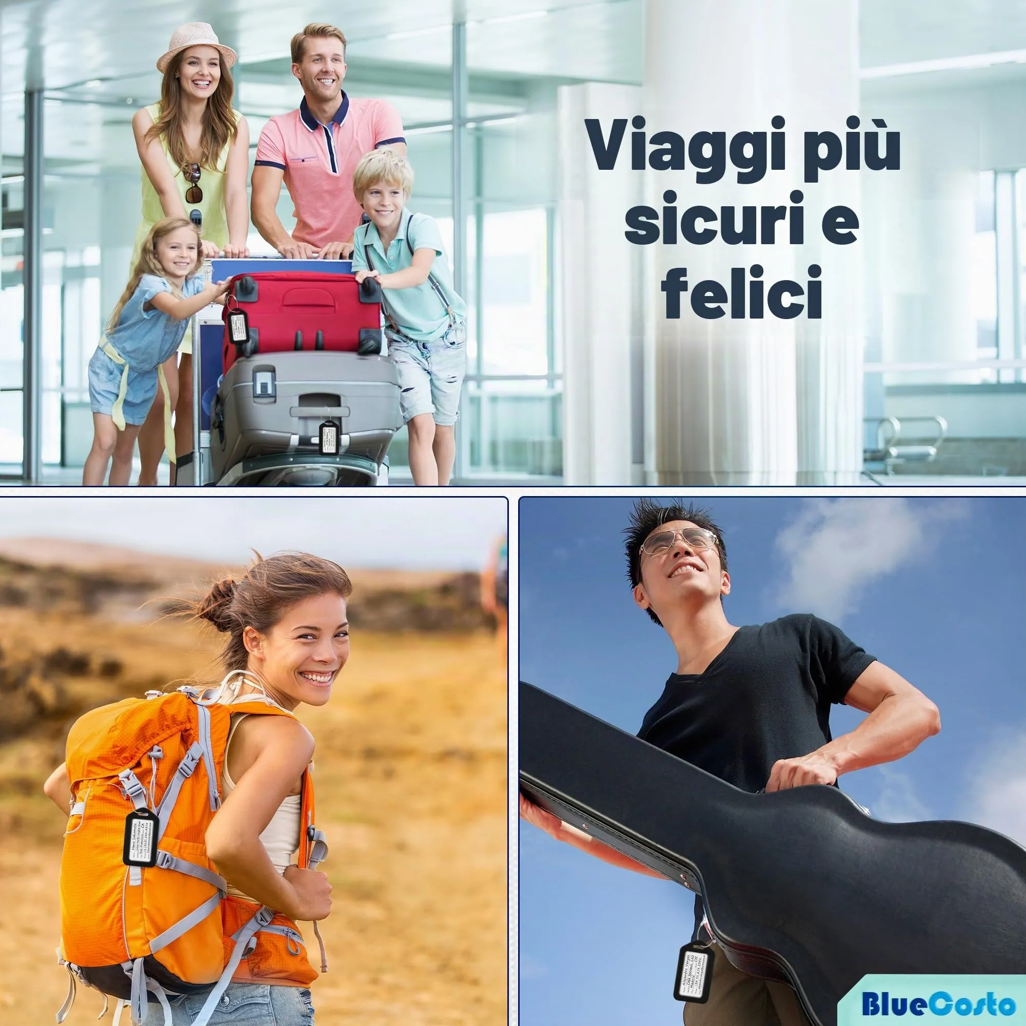 Etichette per Bagagli BlueCosto (Grande, Nero, 10 Pezzi) - Etichette per Valigie da Viaggio con Scheda di Identificazione del Nome e Anelli in Metallo Resistente - immagine 4