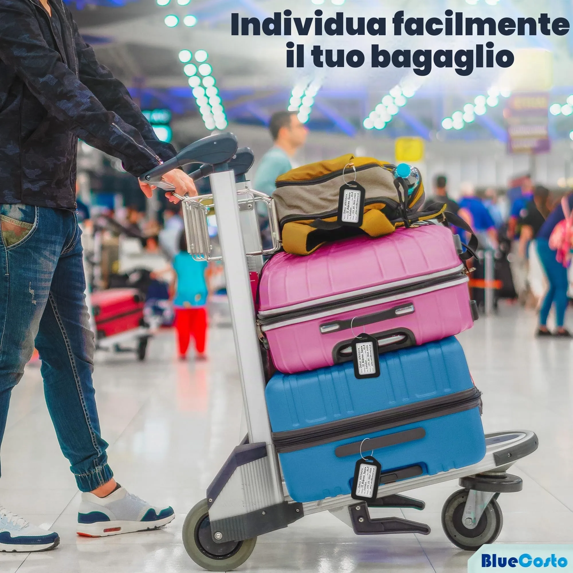 Etichette per Bagagli BlueCosto (Grande, Nero, 10 Pezzi) - Etichette per Valigie da Viaggio con Scheda di Identificazione del Nome e Anelli in Metallo Resistente - immagine 5
