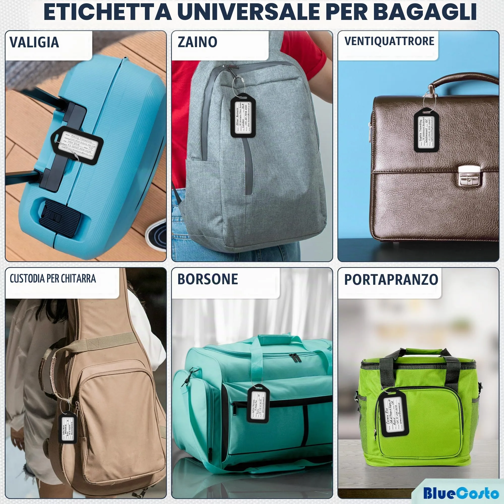 Etichette per Bagagli BlueCosto (Grande, Nero, 10 Pezzi) - Etichette per Valigie da Viaggio con Scheda di Identificazione del Nome e Anelli in Metallo Resistente - immagine 6