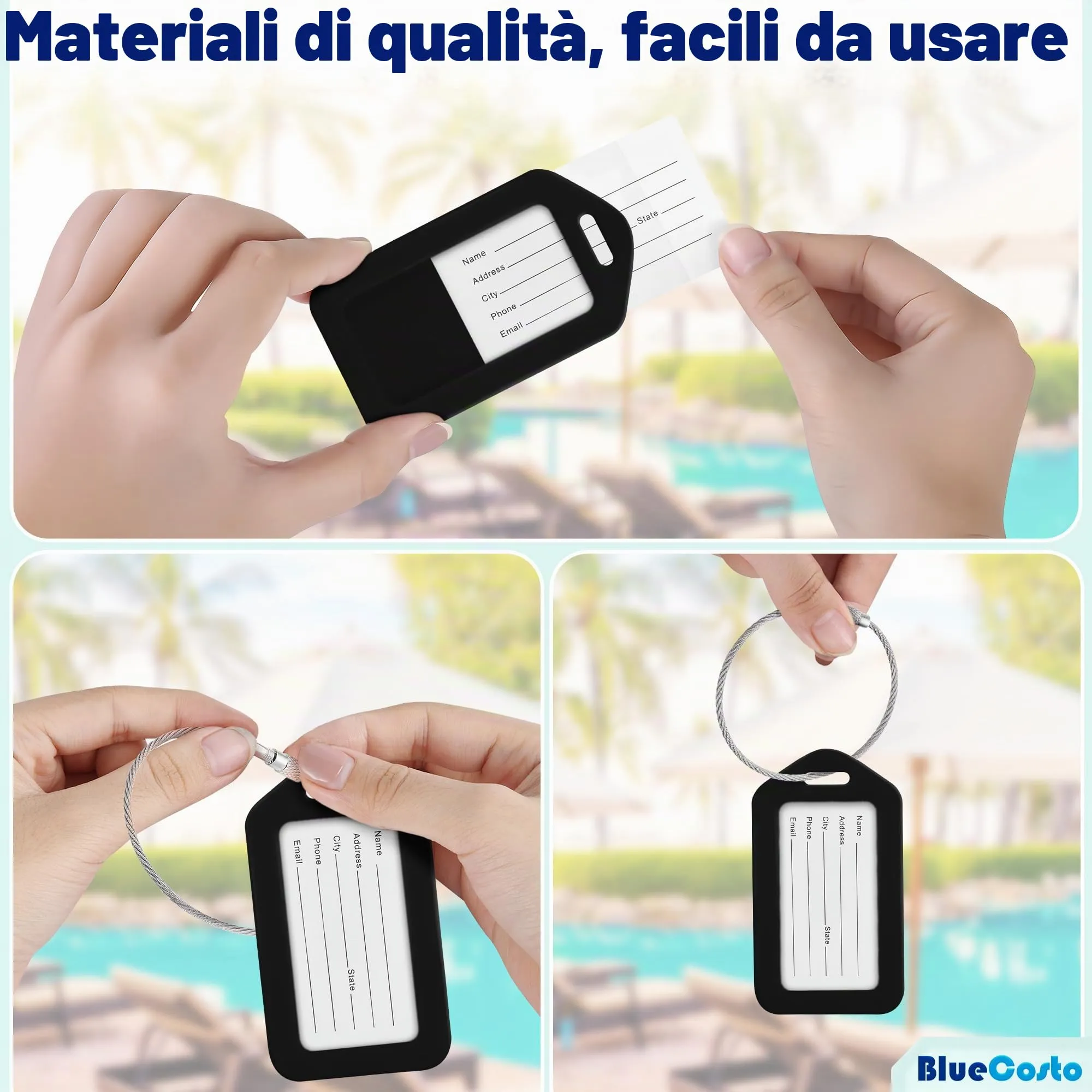 Etichette per Bagagli BlueCosto (Grande, Nero, 10 Pezzi) - Etichette per Valigie da Viaggio con Scheda di Identificazione del Nome e Anelli in Metallo Resistente - immagine 7