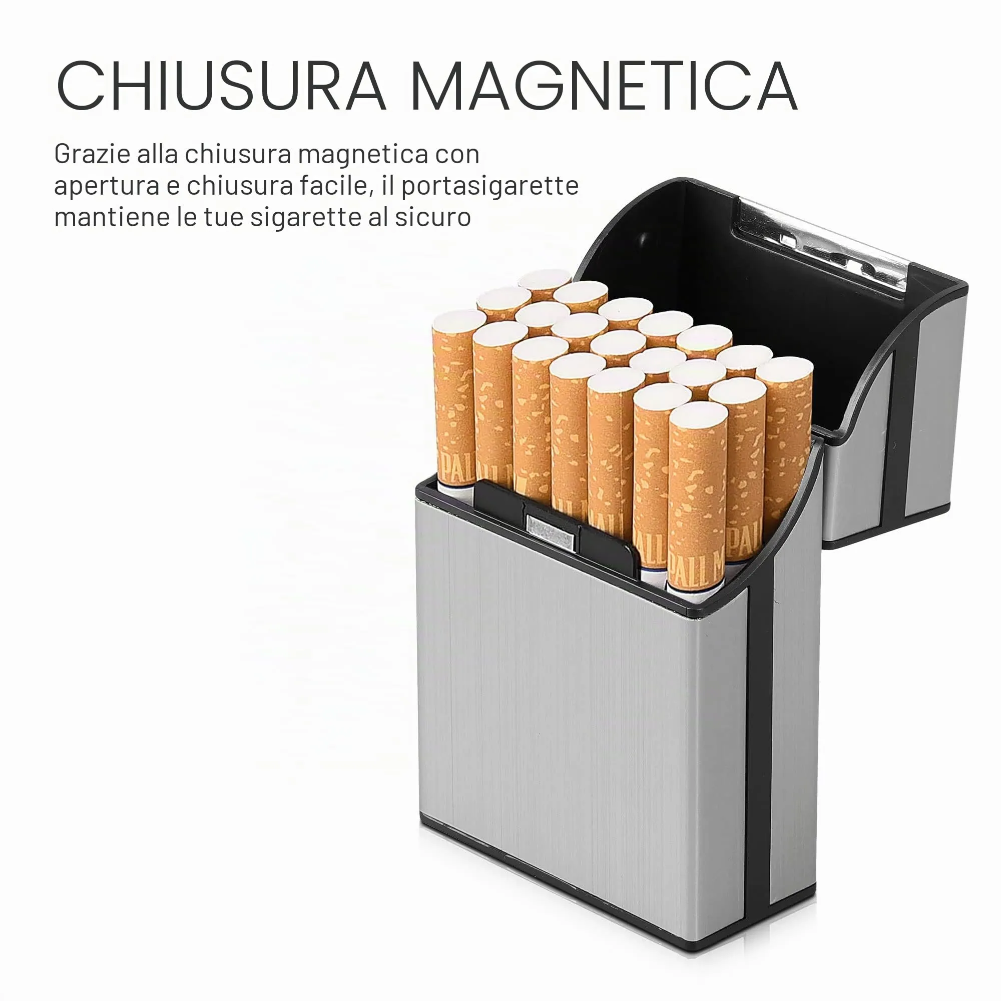 kwmobile Portasigarette in plastica e alluminio per ca.20 sigarette - Contenitore box pacchetto chiusura magnetica con coperchio automatico stone dust - immagine 4