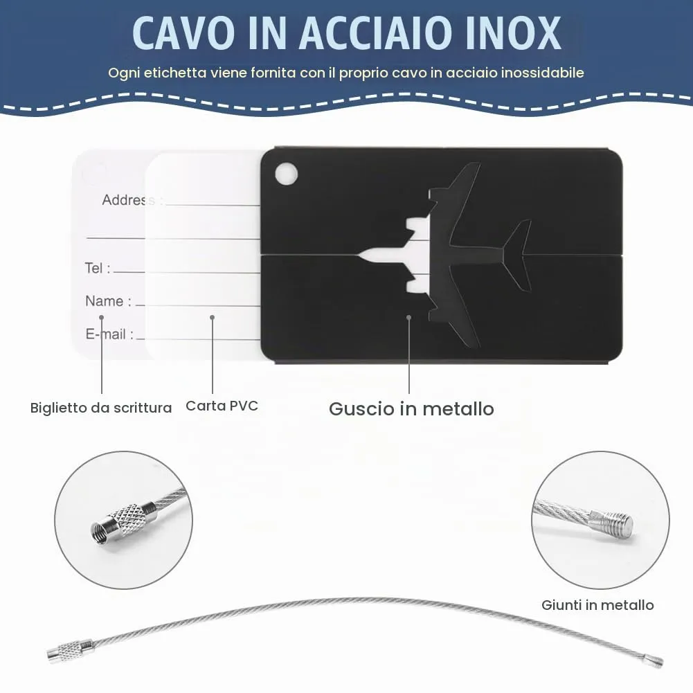 Vicloon Viaggio Bagagli Tag, 4 Pezzi Etichette per Bagagli in Alluminio con Anelli in Acciaio, Etichetta per Valigie per Identificare Bagagli, Luggage Tags per Aereo Bagaglio, Valigie e Zaini, Nero - immagine 2