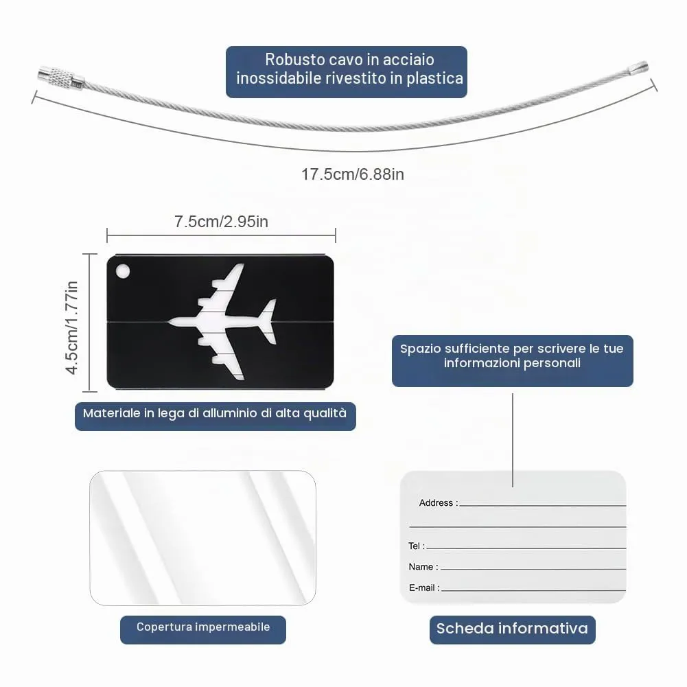 Vicloon Viaggio Bagagli Tag, 4 Pezzi Etichette per Bagagli in Alluminio con Anelli in Acciaio, Etichetta per Valigie per Identificare Bagagli, Luggage Tags per Aereo Bagaglio, Valigie e Zaini, Nero - immagine 3