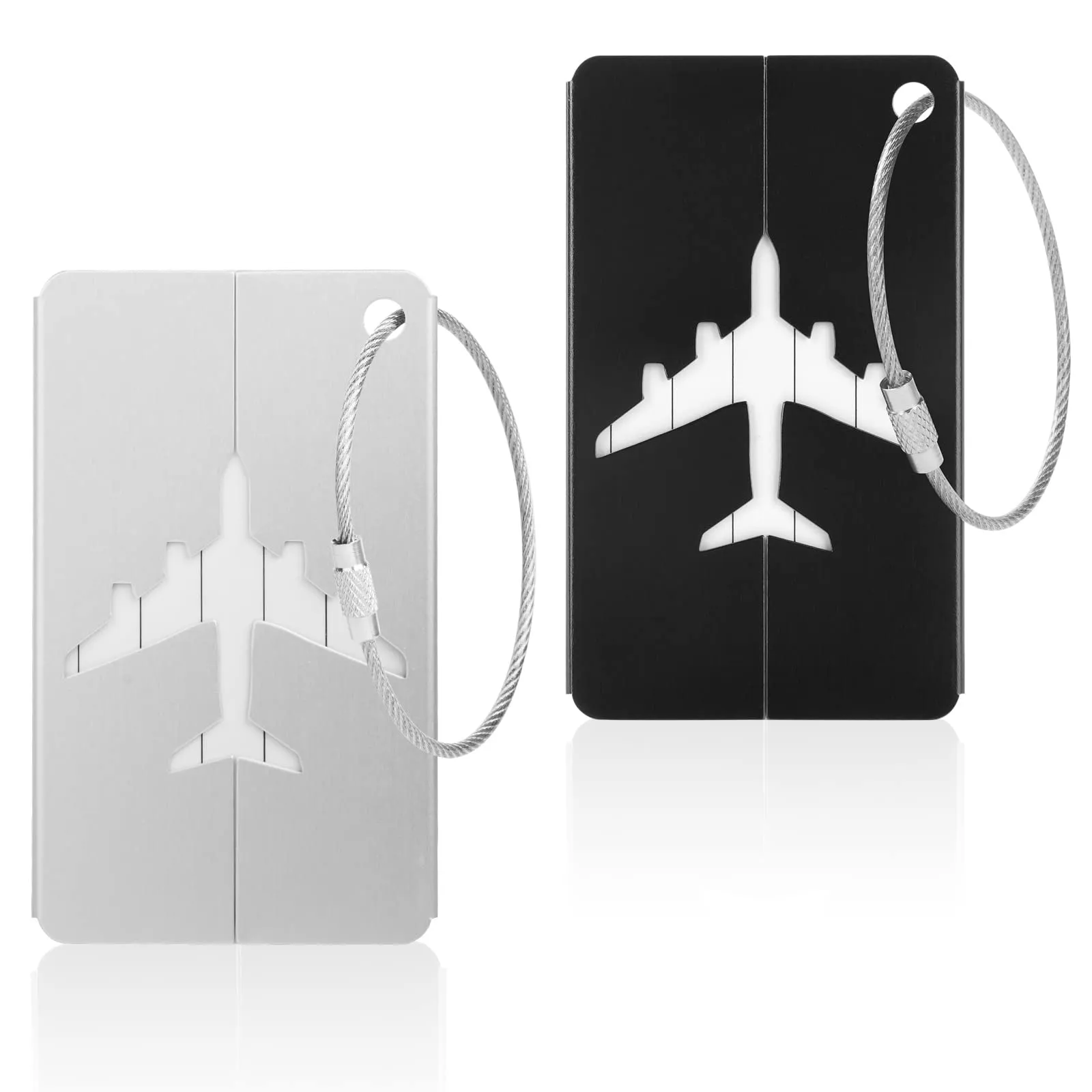 Vicloon Viaggio Bagagli Tag, 2PCS Etichette per Bagagli in Alluminio con Anelli in Acciaio, Etichetta per Valigie per Identificare Bagagli, Luggage Tags per Aereo Bagaglio e Valigie, Nero e Argento - immagine 1
