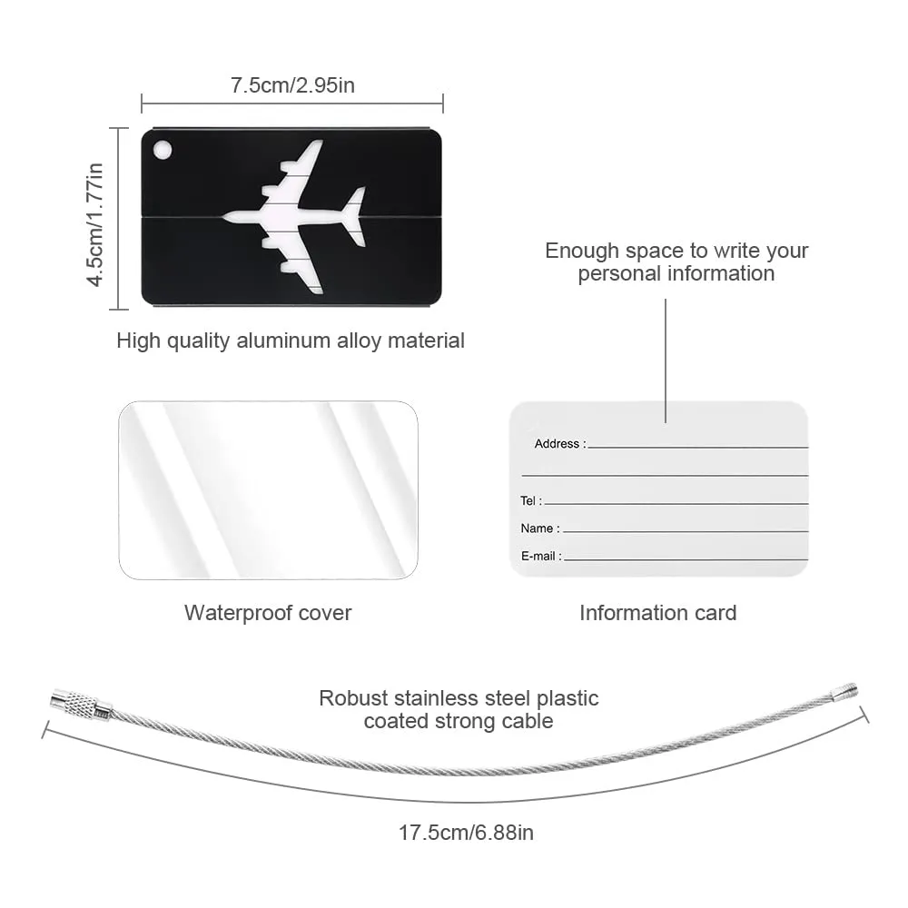 Vicloon Viaggio Bagagli Tag, 2PCS Etichette per Bagagli in Alluminio con Anelli in Acciaio, Etichetta per Valigie per Identificare Bagagli, Luggage Tags per Aereo Bagaglio e Valigie, Nero e Argento - immagine 2