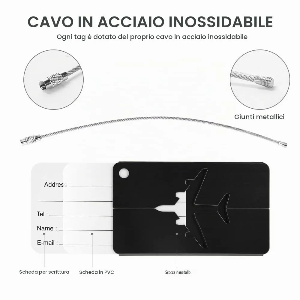 Vicloon Viaggio Bagagli Tag, 2PCS Etichette per Bagagli in Alluminio con Anelli in Acciaio, Etichetta per Valigie per Identificare Bagagli, Luggage Tags per Aereo Bagaglio e Valigie, Nero e Argento - immagine 3