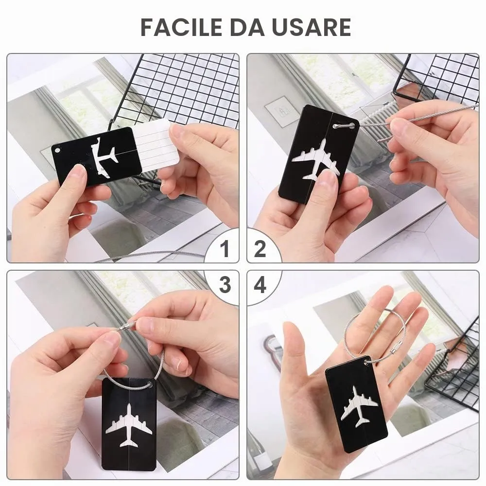 Vicloon Viaggio Bagagli Tag, 2PCS Etichette per Bagagli in Alluminio con Anelli in Acciaio, Etichetta per Valigie per Identificare Bagagli, Luggage Tags per Aereo Bagaglio e Valigie, Nero e Argento - immagine 4