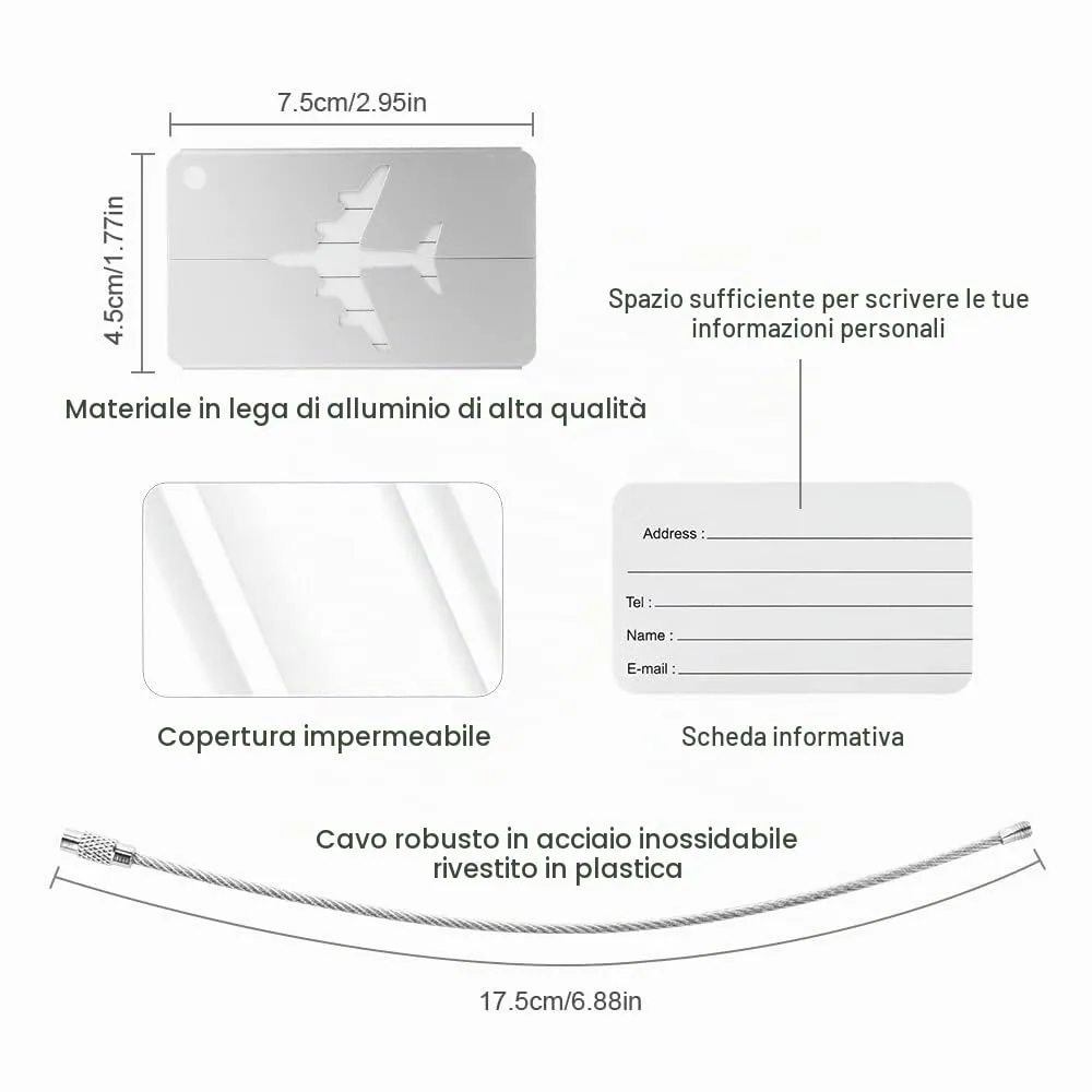 Vicloon Viaggio Bagagli Tag, 2PCS Etichette per Bagagli in Alluminio con Anelli in Acciaio, Etichetta per Valigie per Identificare Bagagli, Luggage Tags per Aereo Bagaglio, Valigie e Zaini, D'argento - immagine 2