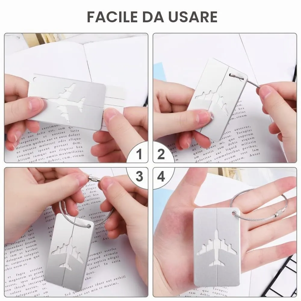 Vicloon Viaggio Bagagli Tag, 2PCS Etichette per Bagagli in Alluminio con Anelli in Acciaio, Etichetta per Valigie per Identificare Bagagli, Luggage Tags per Aereo Bagaglio, Valigie e Zaini, D'argento - immagine 4