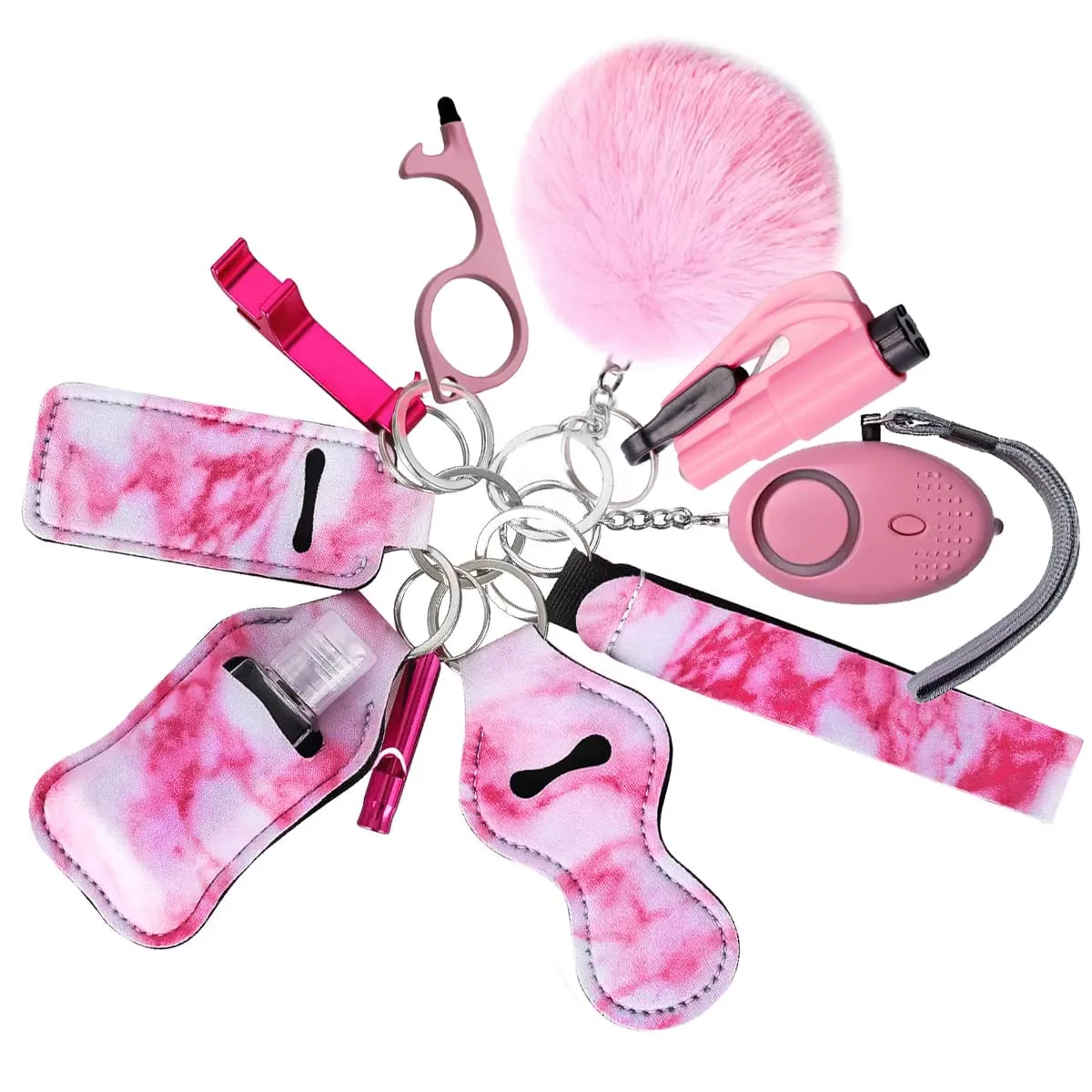 Portachiavi per Autodifesa, RosyFate 8 in 1 Set di Portachiavi per Autodifesa da Donna, con Allarme Personale, Taglia Cintura di Sicurezza e Rompivetro per Ragazze, Bambini, Anziani (Rosa) - immagine 1