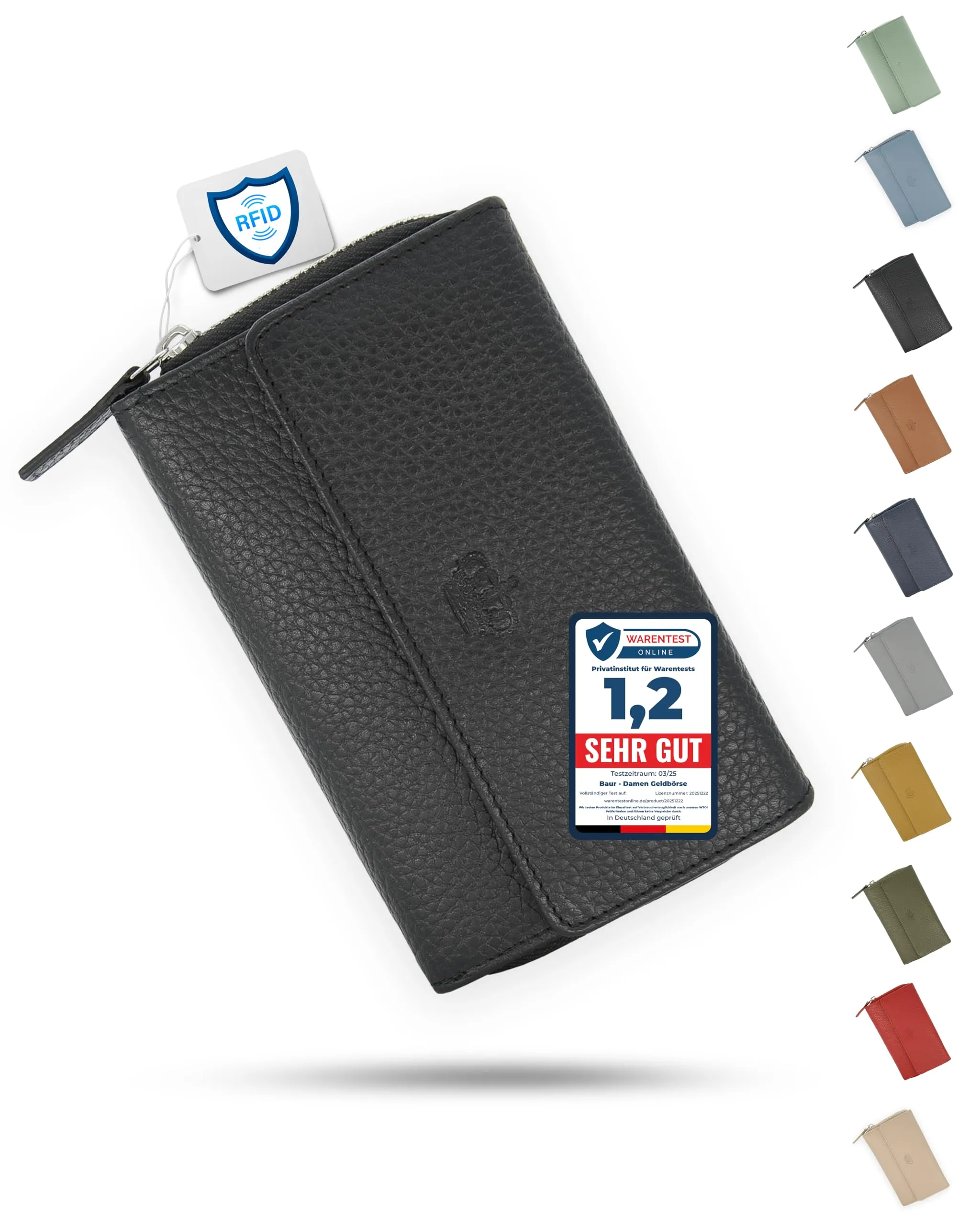 Baur portafoglio da donna – vera pelle con protezione RFID – portafoglio grande con 14 scomparti per carte – chiusura a bottone a pressione & tasca portamonete con cerniera (Nero) - immagine 1