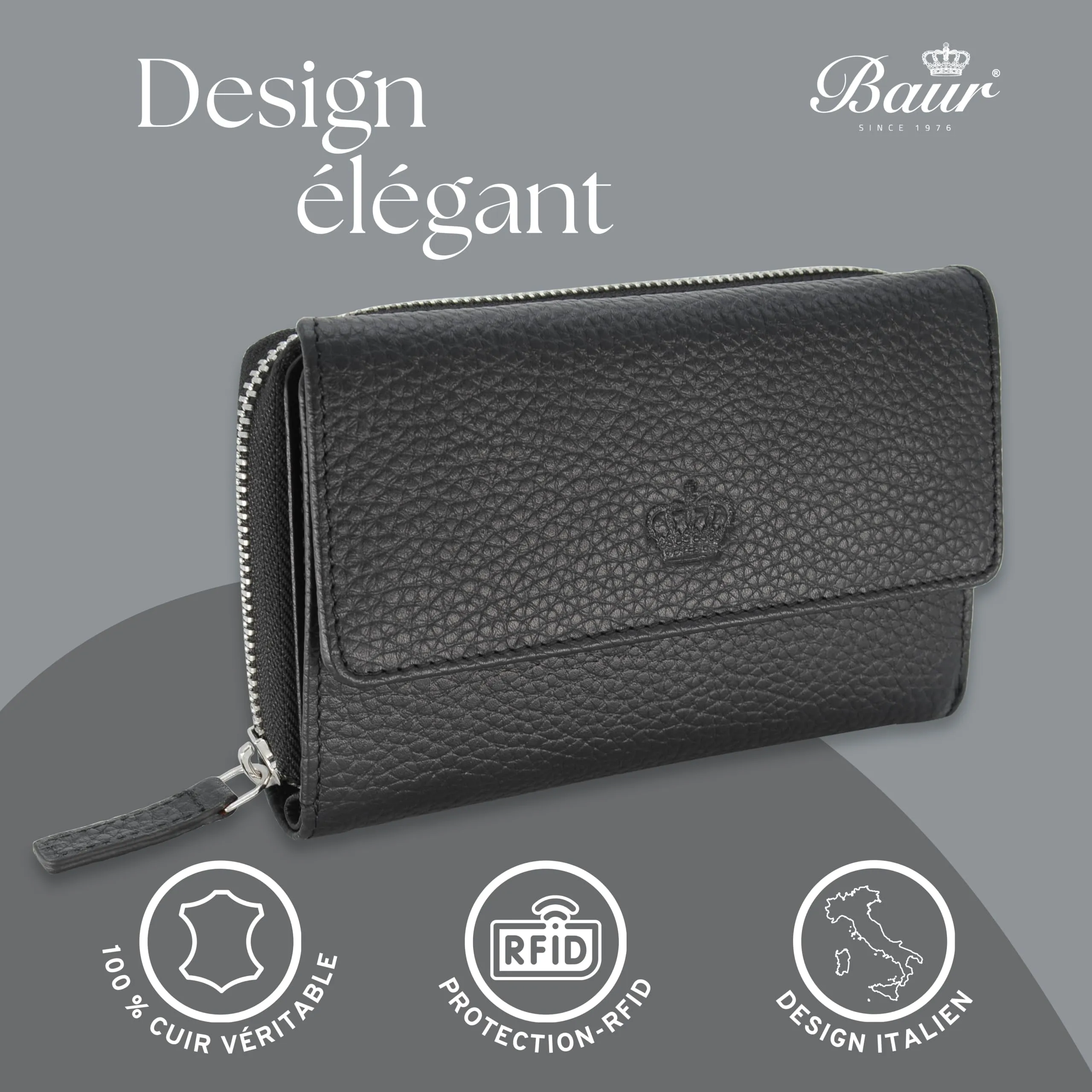 Baur portafoglio da donna – vera pelle con protezione RFID – portafoglio grande con 14 scomparti per carte – chiusura a bottone a pressione & tasca portamonete con cerniera (Nero) - immagine 2