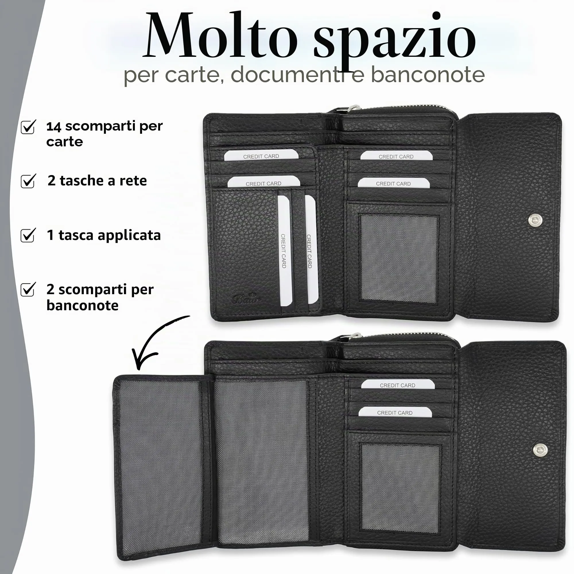 Baur portafoglio da donna – vera pelle con protezione RFID – portafoglio grande con 14 scomparti per carte – chiusura a bottone a pressione & tasca portamonete con cerniera (Nero) - immagine 4