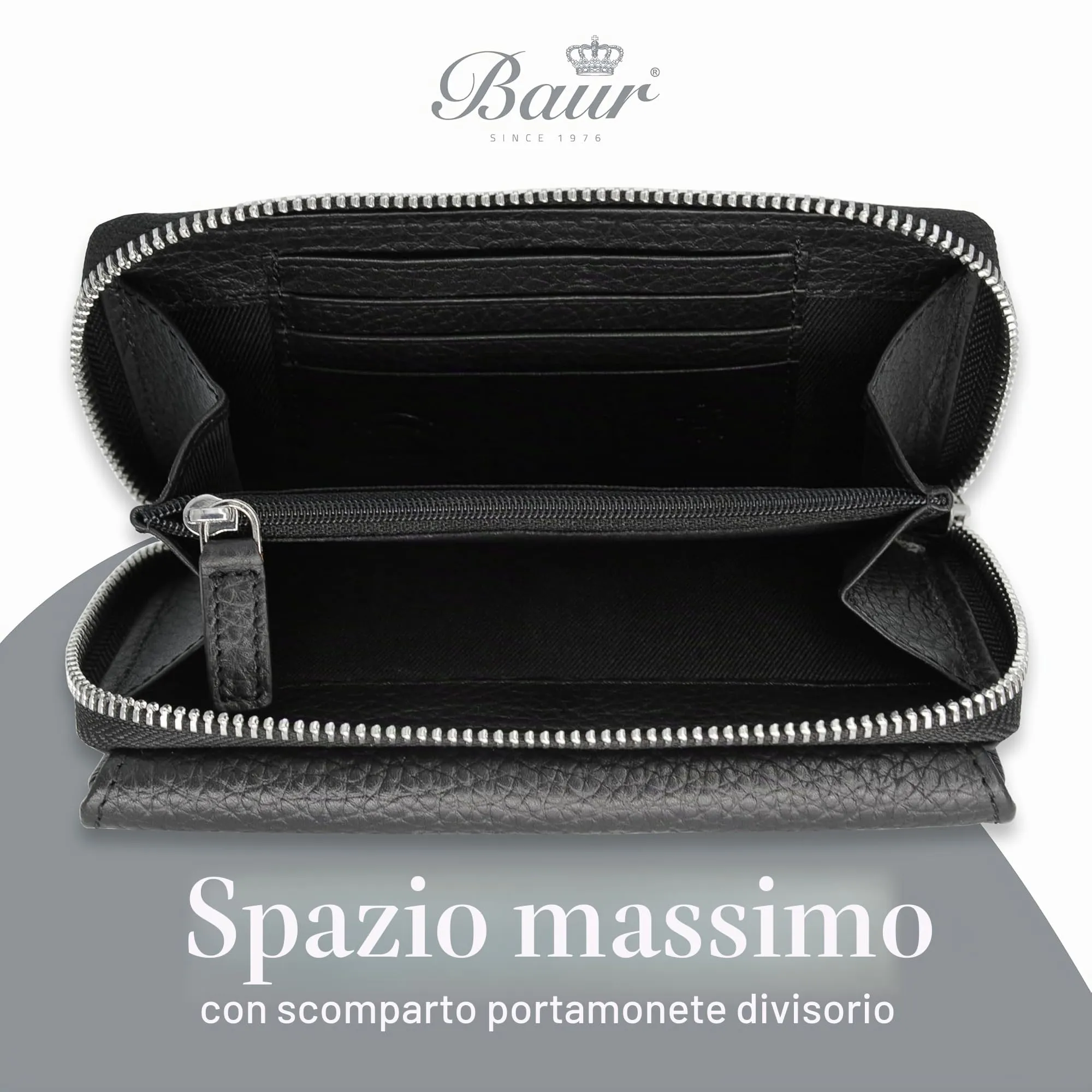 Baur portafoglio da donna – vera pelle con protezione RFID – portafoglio grande con 14 scomparti per carte – chiusura a bottone a pressione & tasca portamonete con cerniera (Nero) - immagine 5