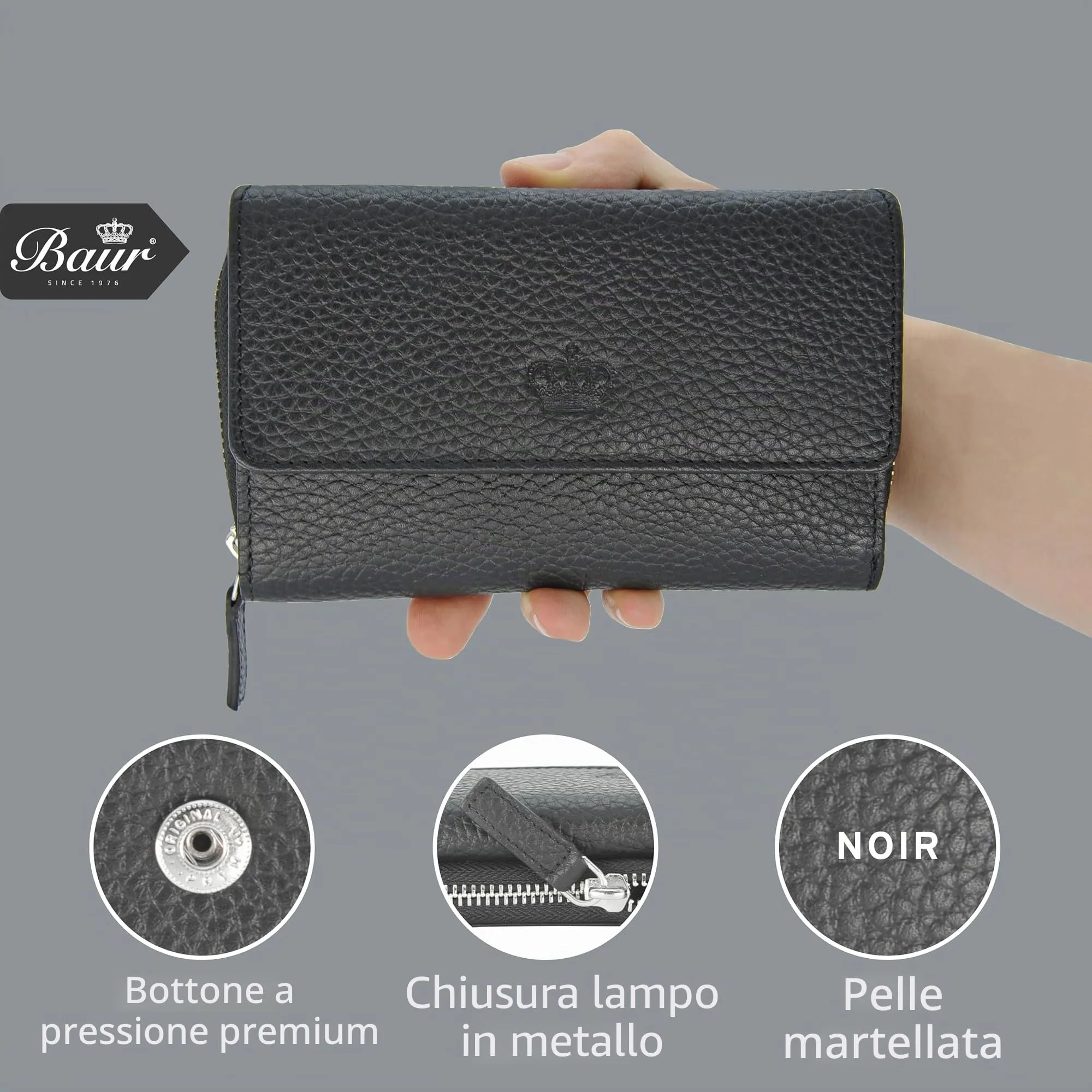 Baur portafoglio da donna – vera pelle con protezione RFID – portafoglio grande con 14 scomparti per carte – chiusura a bottone a pressione & tasca portamonete con cerniera (Nero) - immagine 6
