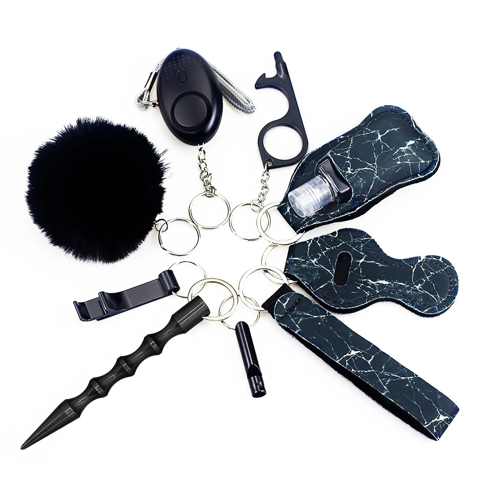Portachiavi per Autodifesa, RosyFate 8 in 1 Set di Portachiavi per Autodifesa da Donna, con Allarme Personale, Taglia Cintura di Sicurezza e Rompivetro per Ragazze, Bambini, Anziani (Nero) - immagine 1