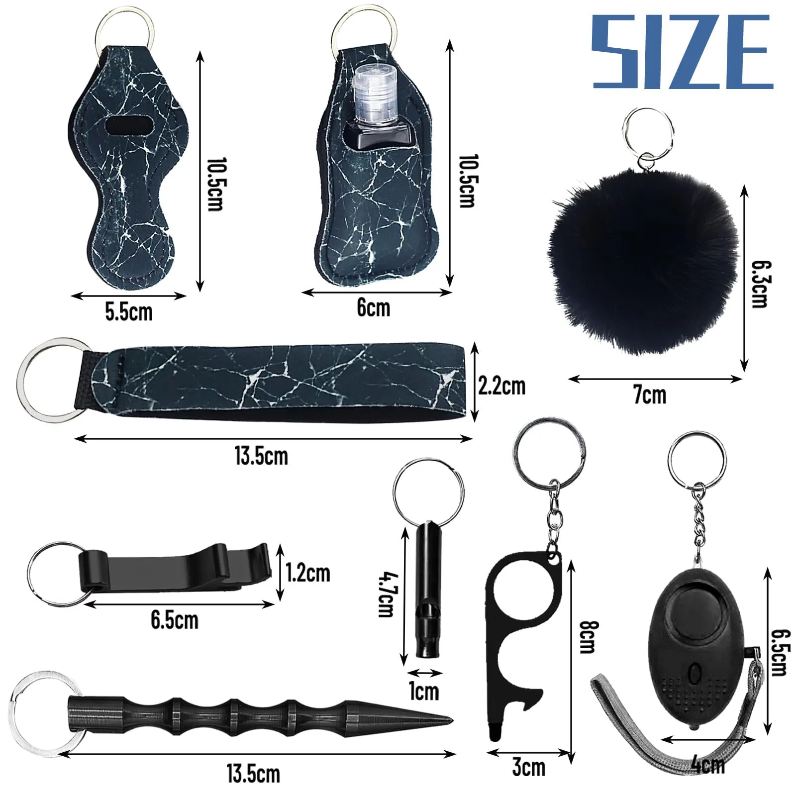 Portachiavi per Autodifesa, RosyFate 8 in 1 Set di Portachiavi per Autodifesa da Donna, con Allarme Personale, Taglia Cintura di Sicurezza e Rompivetro per Ragazze, Bambini, Anziani (Nero) - immagine 6