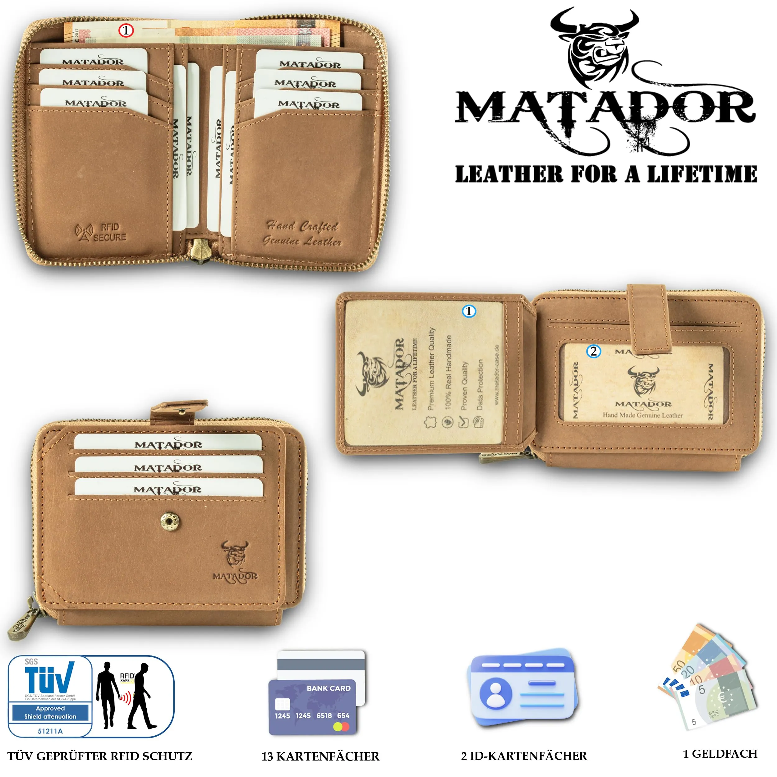 Matador Portafoglio Uomo con Portamonete Pelle RFID Marrone Chiaro NextGen - immagine 2