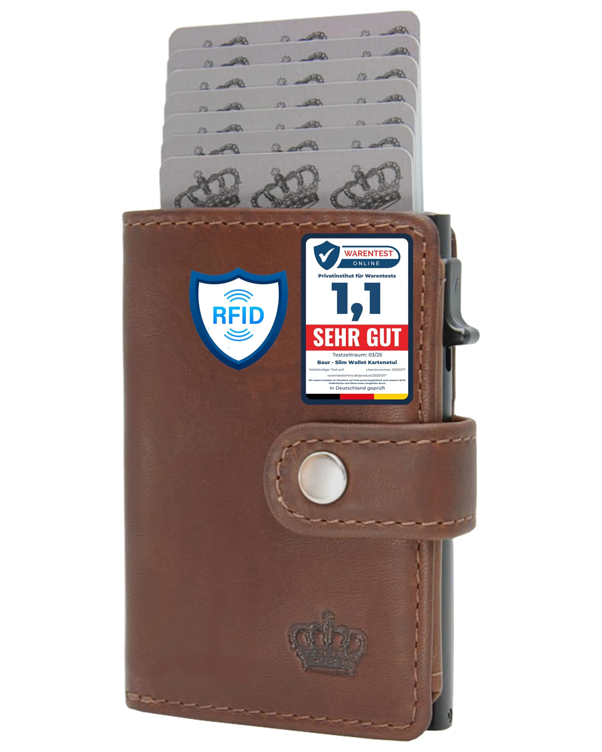 Baur Slim Wallet in vera pelle – portafoglio pop-up alluminio & protezione RFID – piccolo portafoglio da uomo con portamonete – smart wallet (Portamonete con bottone a pressione, marrone scuro) - immagine 1
