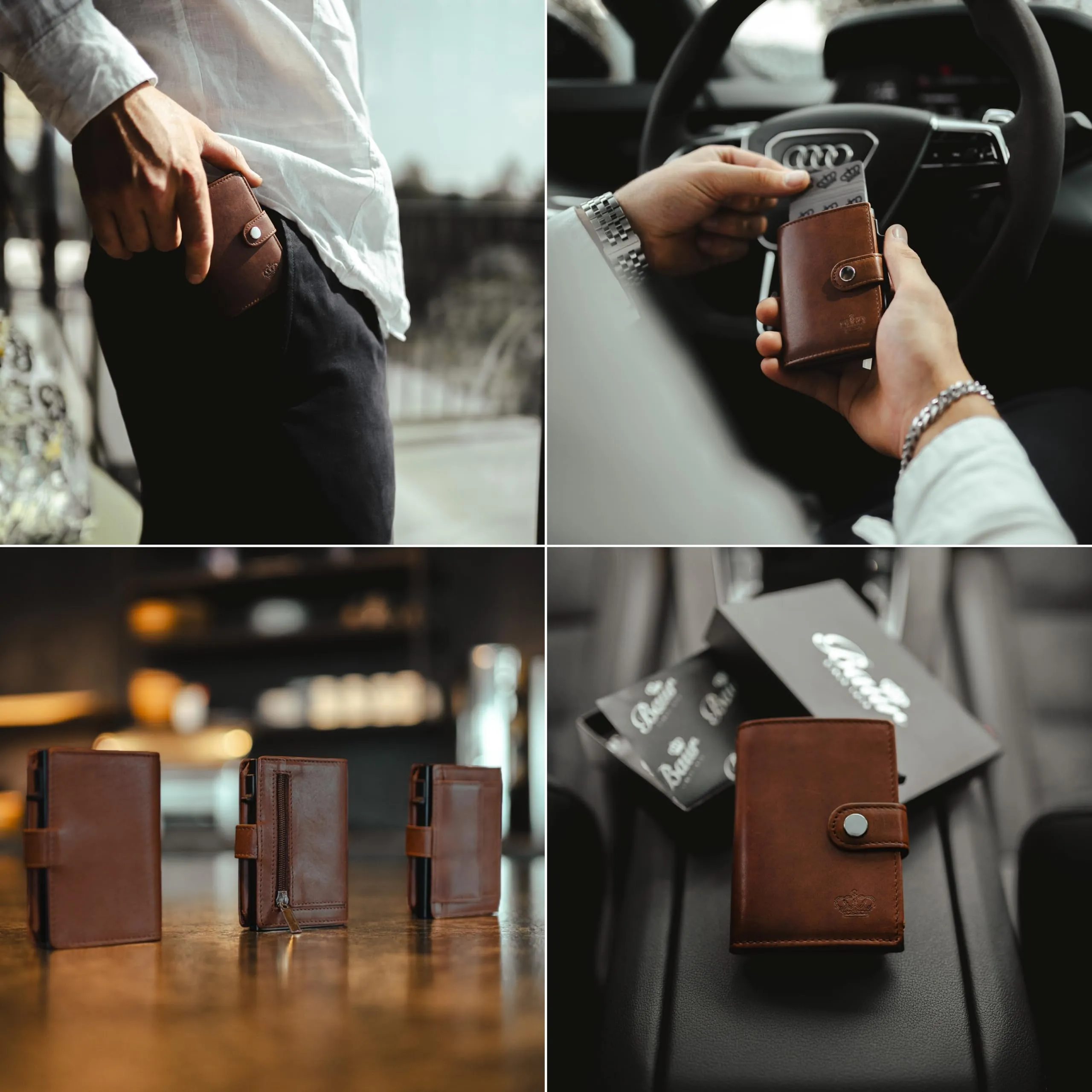 Baur Slim Wallet in vera pelle – portafoglio pop-up alluminio & protezione RFID – piccolo portafoglio da uomo con portamonete – smart wallet (Portamonete con bottone a pressione, marrone scuro) - immagine 3