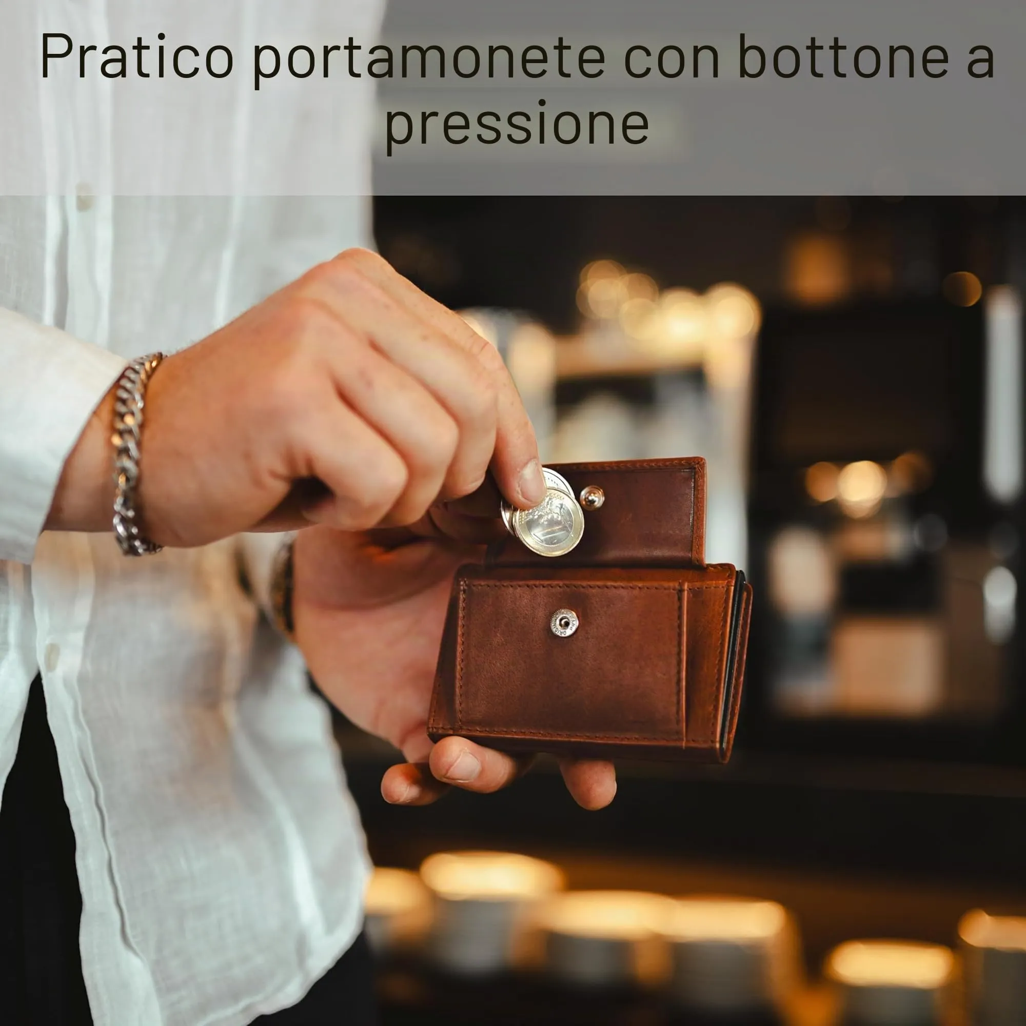 Baur Slim Wallet in vera pelle – portafoglio pop-up alluminio & protezione RFID – piccolo portafoglio da uomo con portamonete – smart wallet (Portamonete con bottone a pressione, marrone scuro) - immagine 4