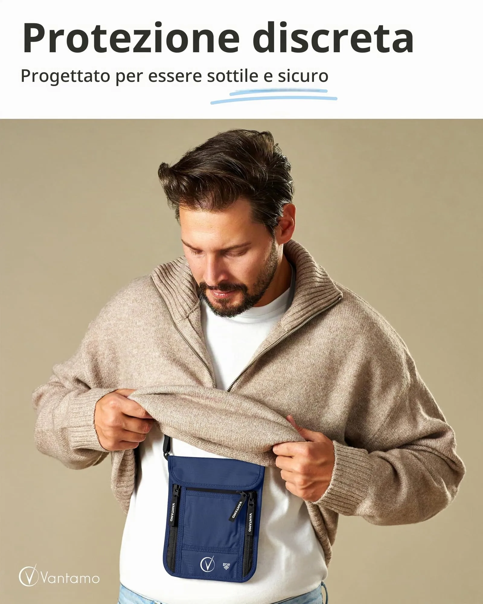 Marsupio da Viaggio Premium da Collo e Portafoglio per Passaporto, con Protezione RFID, Adatto per Passaporto con Custodia. Portafoglio da Collo per Uomini e Donne di Vantamo - immagine 2