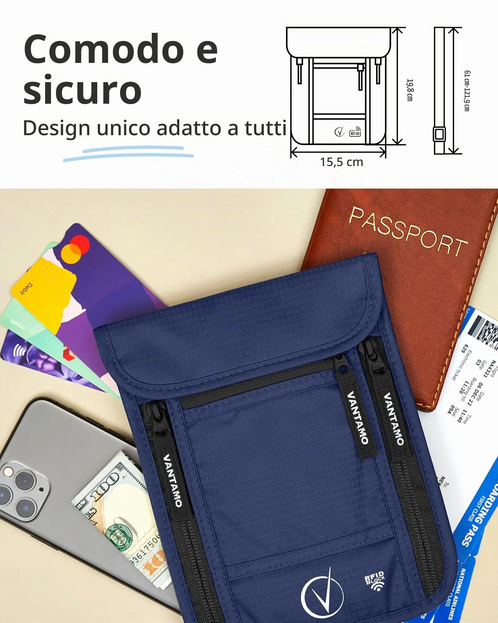 Marsupio da Viaggio Premium da Collo e Portafoglio per Passaporto, con Protezione RFID, Adatto per Passaporto con Custodia. Portafoglio da Collo per Uomini e Donne di Vantamo - immagine 4