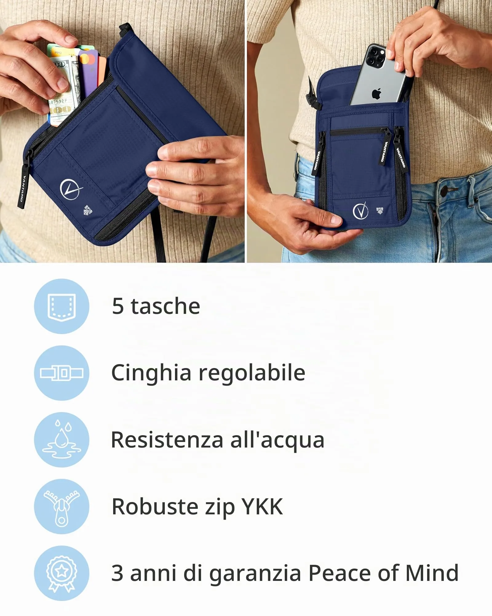 Marsupio da Viaggio Premium da Collo e Portafoglio per Passaporto, con Protezione RFID, Adatto per Passaporto con Custodia. Portafoglio da Collo per Uomini e Donne di Vantamo - immagine 5