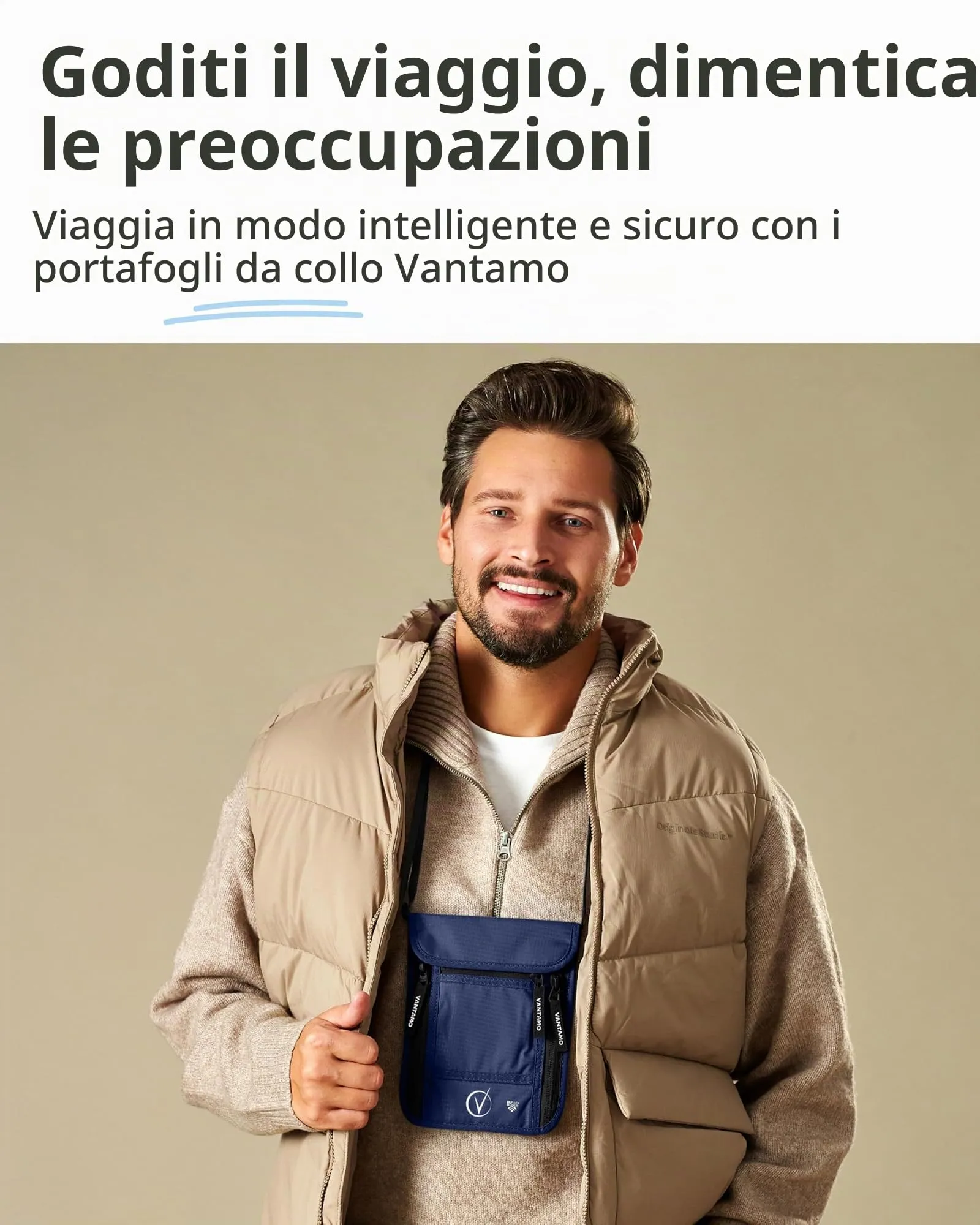 Marsupio da Viaggio Premium da Collo e Portafoglio per Passaporto, con Protezione RFID, Adatto per Passaporto con Custodia. Portafoglio da Collo per Uomini e Donne di Vantamo - immagine 6