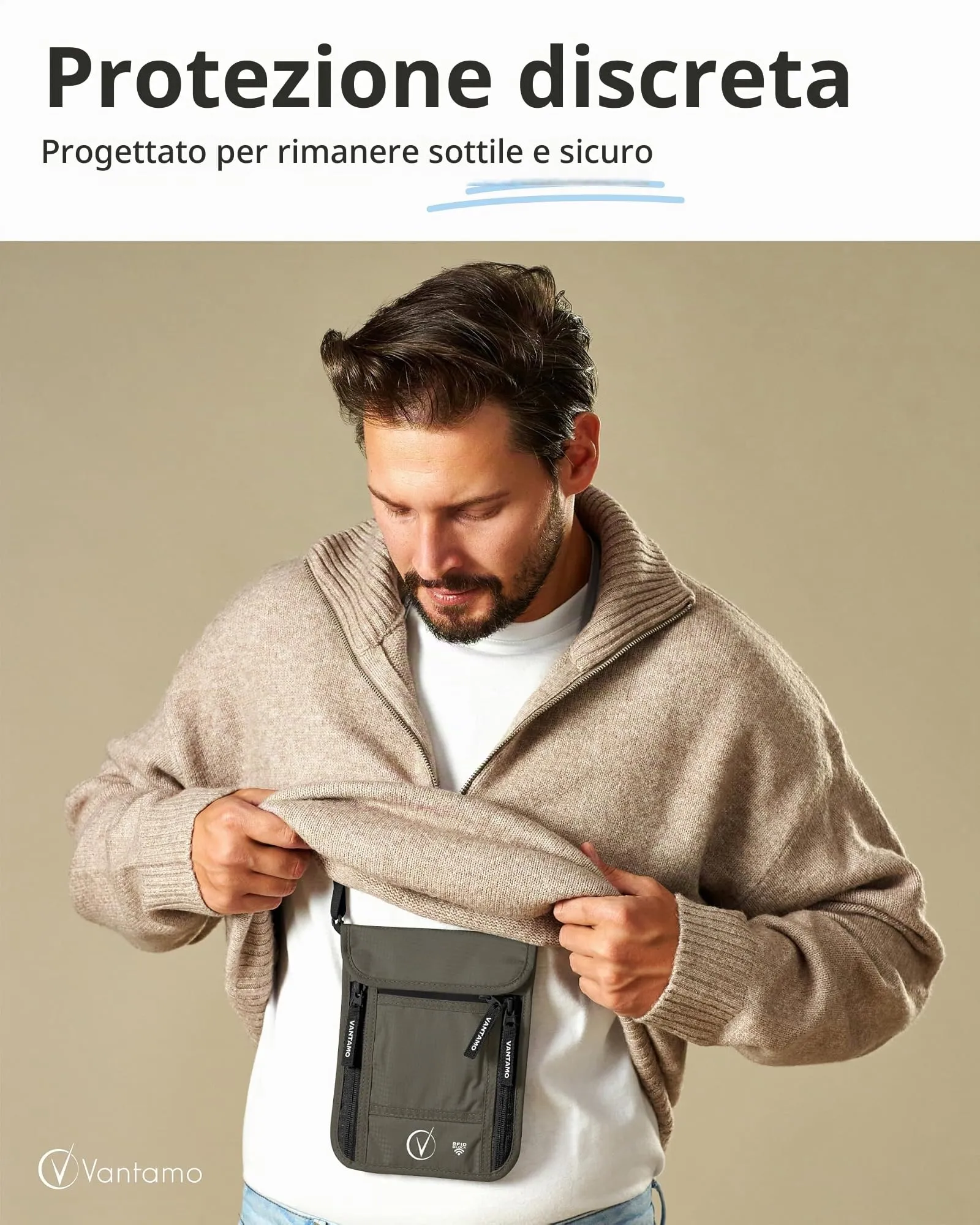 Vantamo Porta passaporto sottile da viaggio, portafoglio girocollo protetto RFID per uomo e donna, adatto per telefono, documenti e carte, Grigio acciaio nero, Portafoglio girocollo - immagine 2