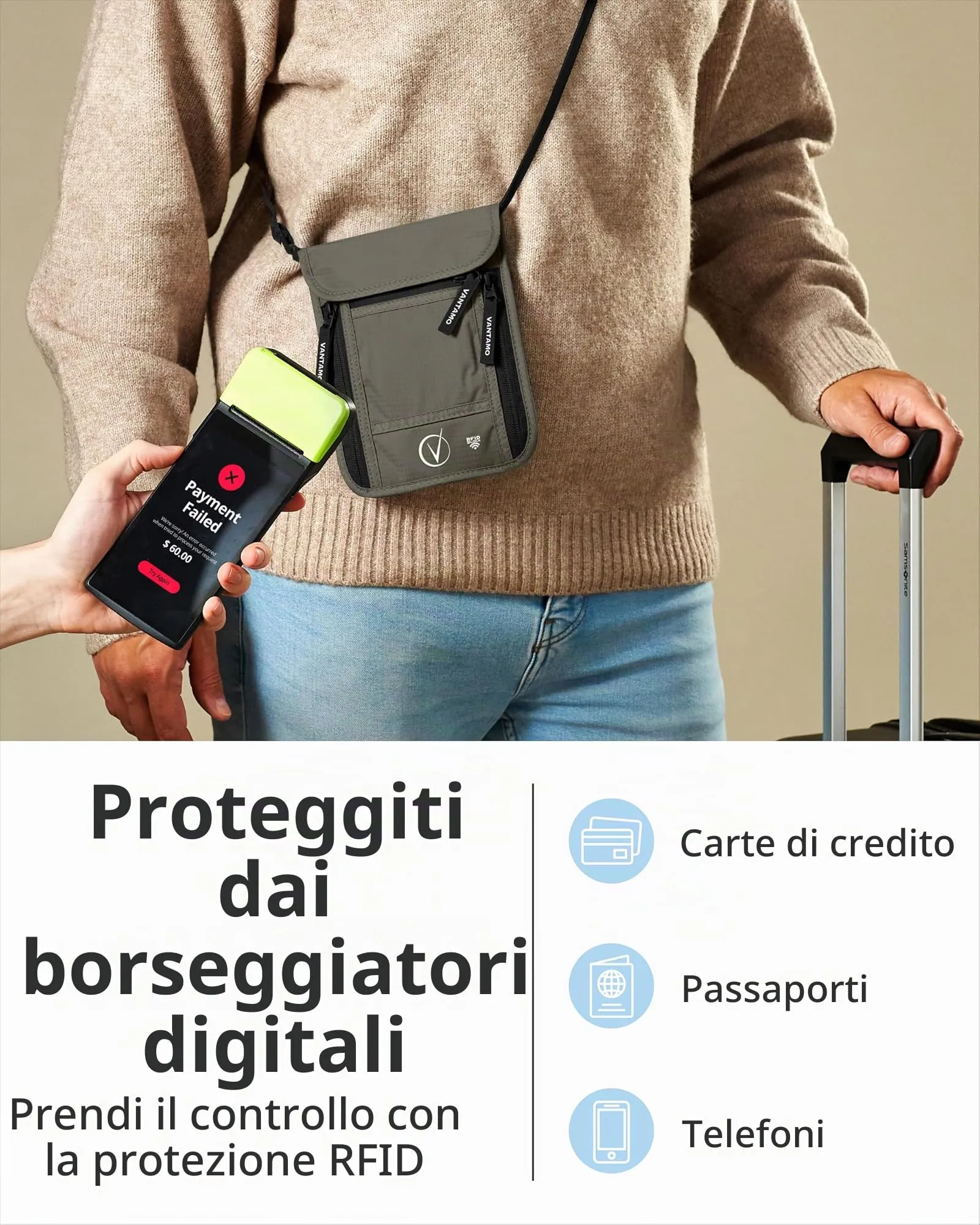 Vantamo Porta passaporto sottile da viaggio, portafoglio girocollo protetto RFID per uomo e donna, adatto per telefono, documenti e carte, Grigio acciaio nero, Portafoglio girocollo - immagine 3