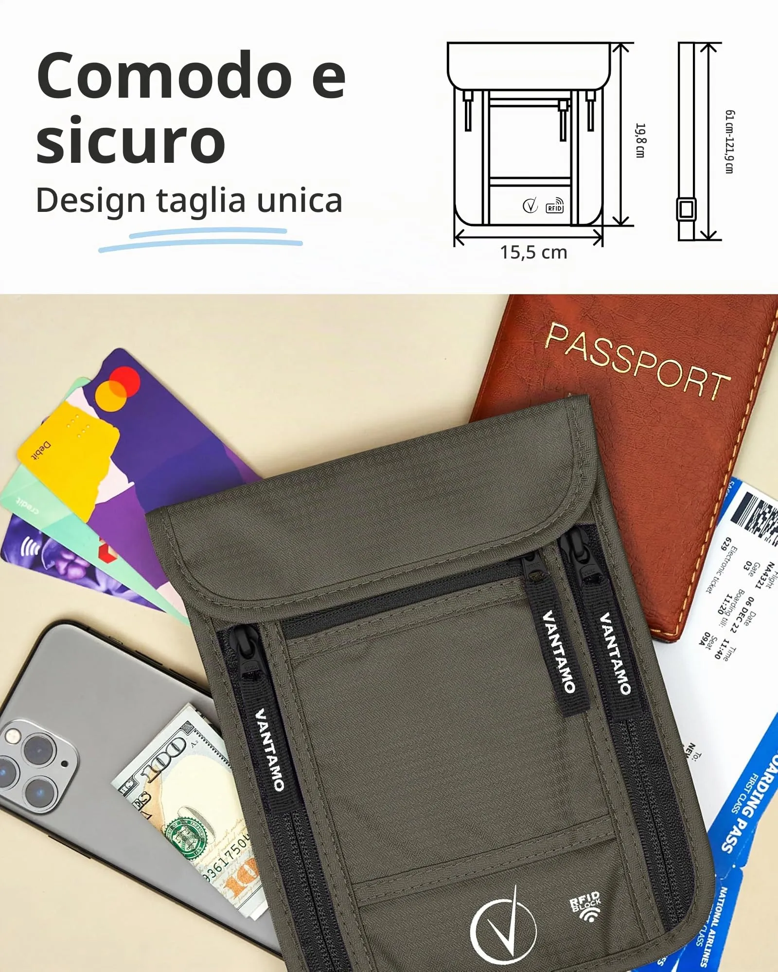 Vantamo Porta passaporto sottile da viaggio, portafoglio girocollo protetto RFID per uomo e donna, adatto per telefono, documenti e carte, Grigio acciaio nero, Portafoglio girocollo - immagine 4