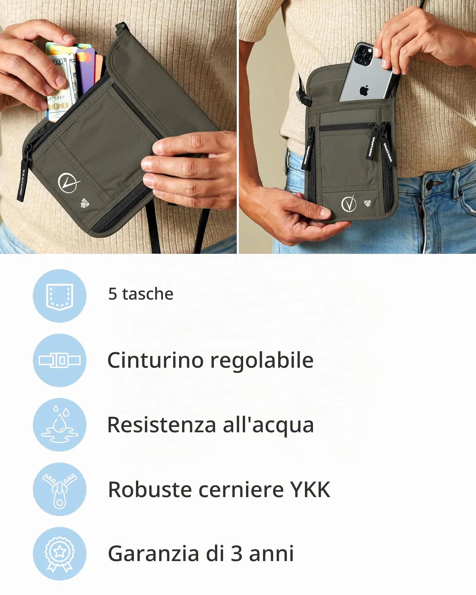 Vantamo Porta passaporto sottile da viaggio, portafoglio girocollo protetto RFID per uomo e donna, adatto per telefono, documenti e carte, Grigio acciaio nero, Portafoglio girocollo - immagine 5